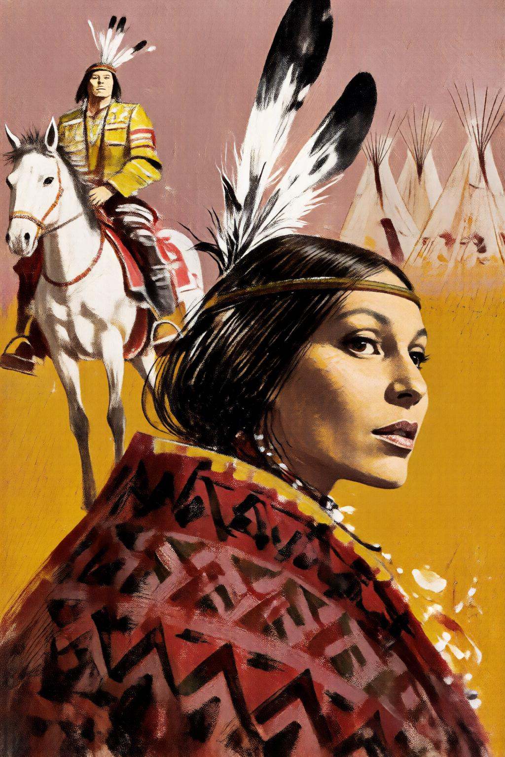giannirenna2q illustration. A Native American woman in the foreground is shown in profile. She wears traditional attire,...