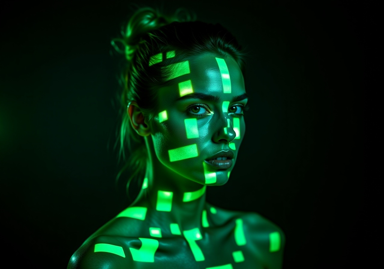 "A green explosion of squares,  geometric patterns and sharp lines that form the portrait of a woman,  visually striking a...