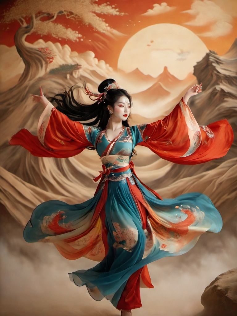 dunhuang,1girl,solo,black hair,mountain,jewelry,long hair,hair ornament,wide sleeves,closed eyes,earrings,chinese clothes,sash,sky,sun,dancing,full body,standing,hair bun,outstretched arms,makeup,red lips,bird,cloud,tree,outdoors,dress,long sleeves,<lora:dunhuang-000008:0.8>,