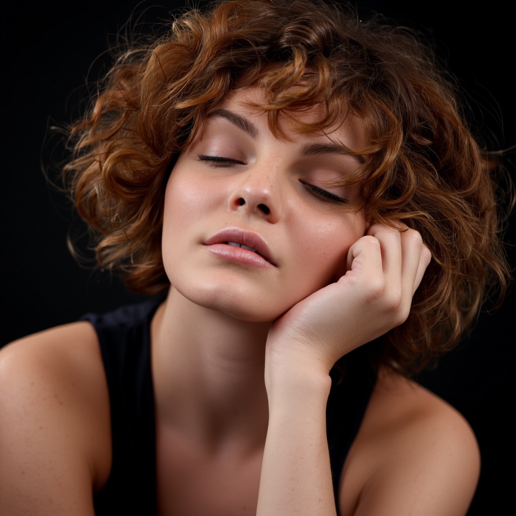 A close-up portrait camren_bicondova with curly, reddish-brown hair. She is shown in a side profile, resting her chin on her hand. Her eyes are closed, and her lips are slightly parted, revealing a small red mark on her cheek. She wears a dark, sleeveless top. The dark background contrasts with the warm tones of her hair and skin. The image conveys a serene and contemplative mood.
