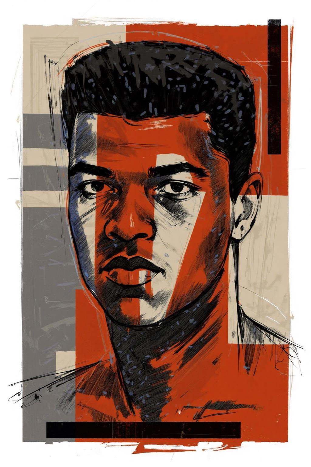 poster illustration.A portrait of Muhammad Ali,  an African American boxer. His face is partially obscured by overlapping...
