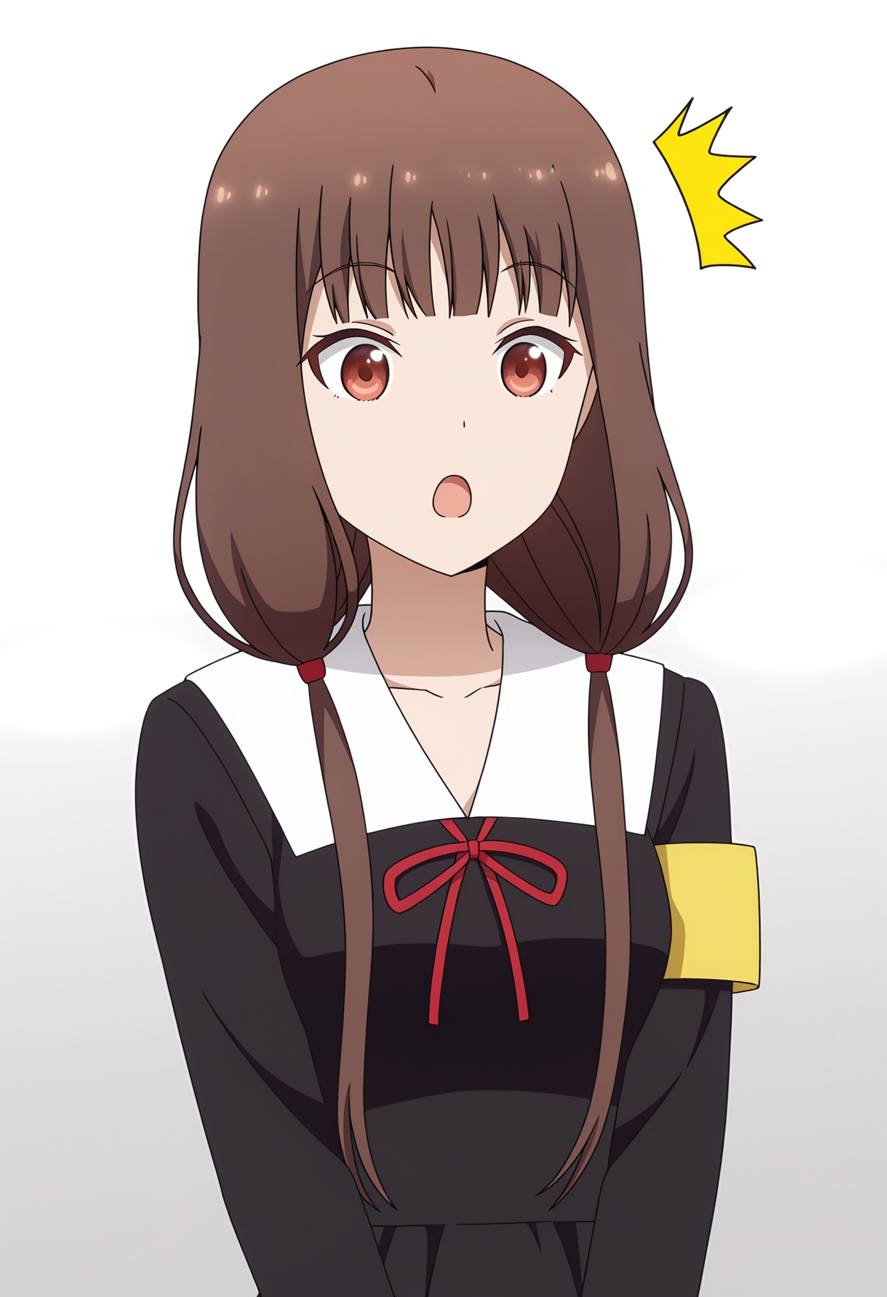 <lora:Iino Miko_illustrious-000010:1>,Iino Miko,1girl,solo,school uniform,looking at viewer,red ribbon,open mouth,armband,upper body,ribbon,grey background,dress,gradient background,collarbone,black dress,surprised,neck ribbon,long sleeves,simple background,:o,^^^,anime screencap,