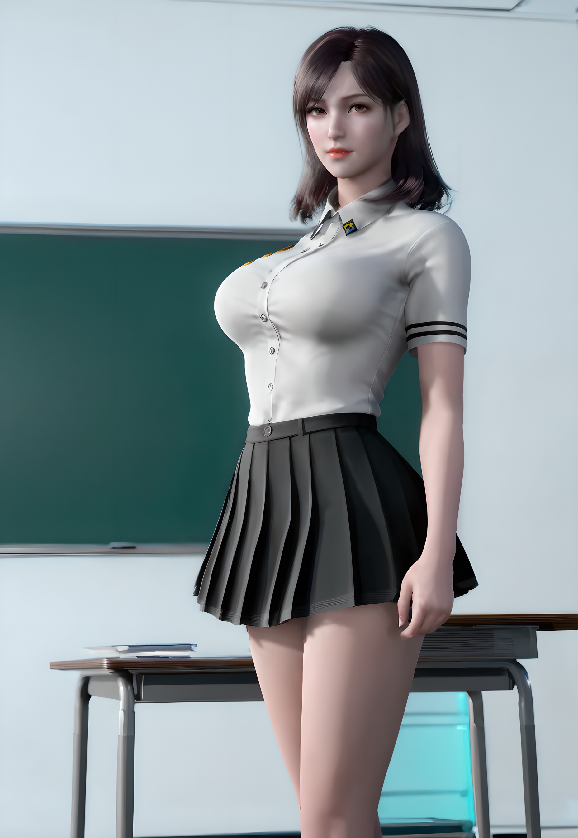 score_9,score_8_up,score_7_up,<lora:SF_XuXin_Pony-000004:0.7>,1girl,solo,standing,white school uniform,black skirt,breasts,large breasts,highleg,red lips,jewelry,looking at viewer,white background,