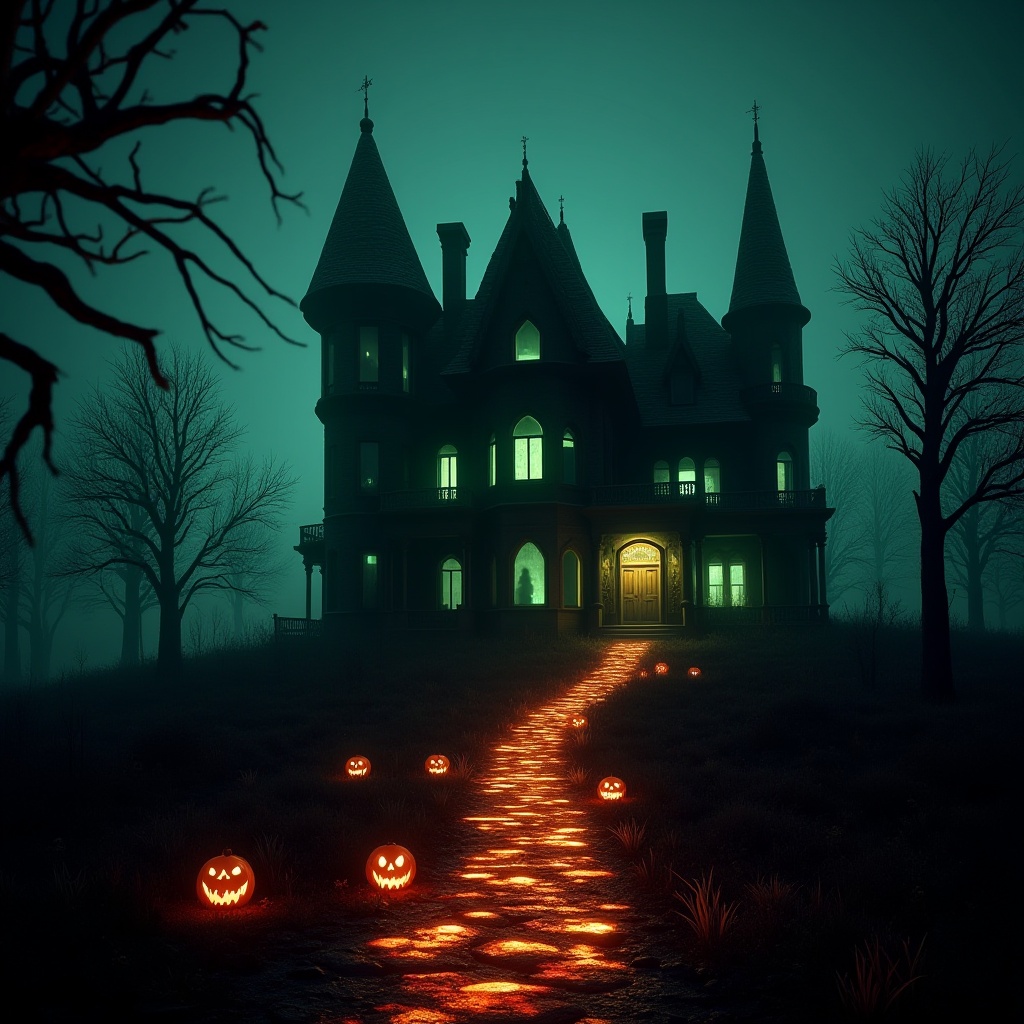 cinematic film still professional 3d model Haunted House with Glowing WindowsDescription: A grand,  Gothic-style haunted m...
