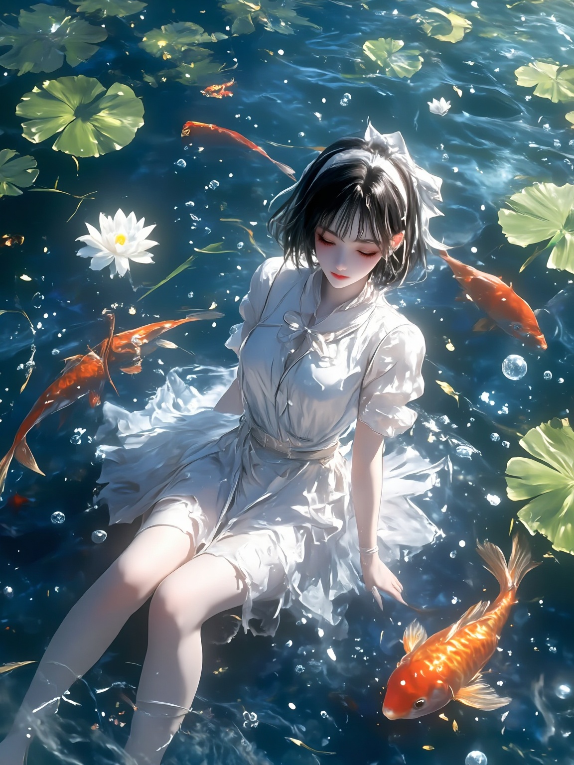 1girl,  lily pad,  koi on Tensor.Art