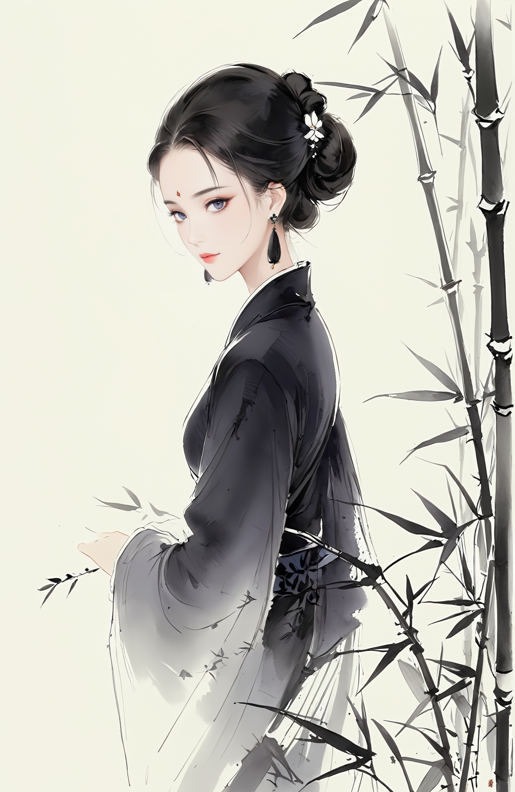 minimalism,Chinese ink painting,ink painting,1girl,solo,looking_back,from behind, upper body,black hair,long_hair,hair bun,earrings,jewelry, hair ornament,makeup,eyeshadow, black hanfu, long sleeves, closed mouth,flower, bamboo, leaf,simple background,master works, flat, high definition,white background <lora:20241018-1729215935508-000008:0.7> ,<lora:水墨时尚插画XL_水墨时尚插画:0.4>