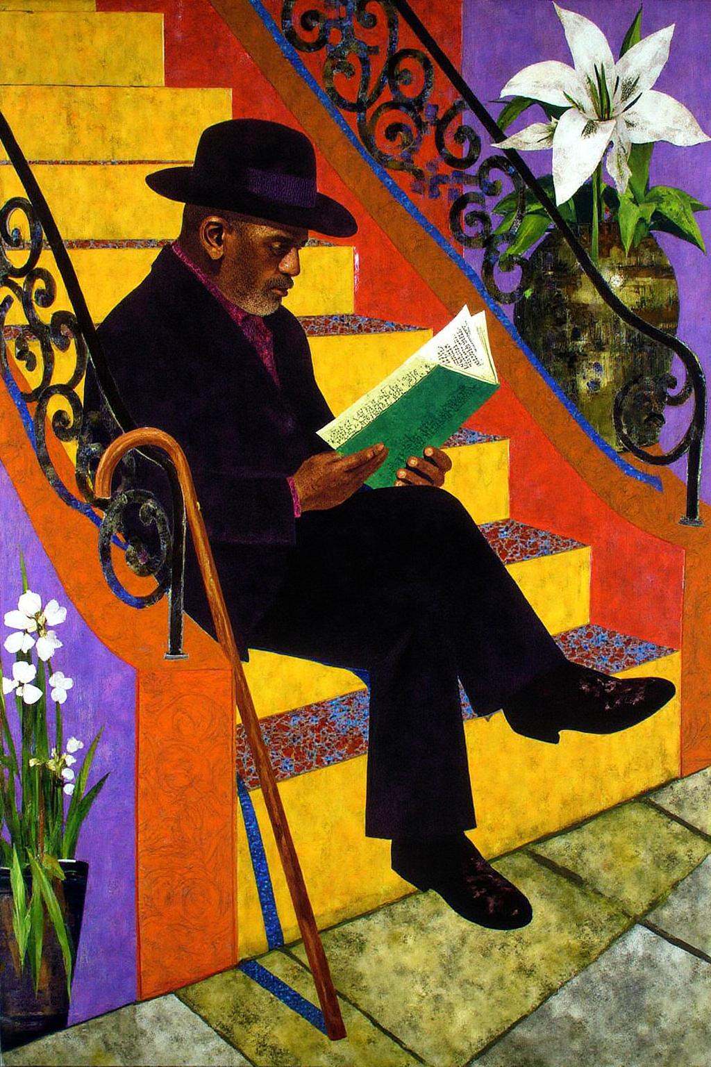 mixed media collage.a man sitting on a set of stairs,  reading a book. The man,  dressed in a black suit and a black hat o...
