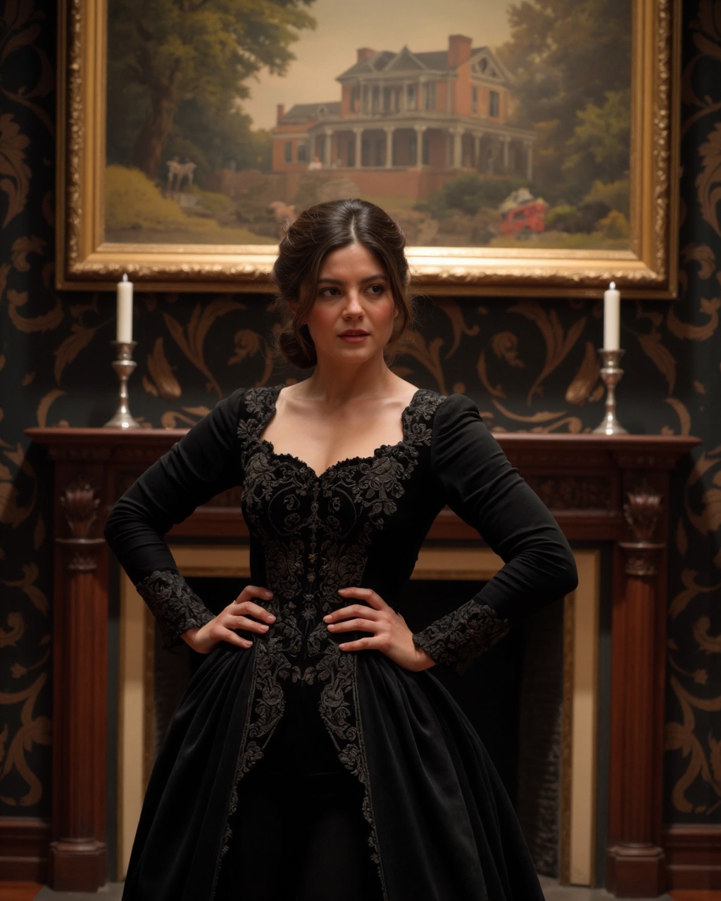 A highly detailed,  photographically realistic image of monica_barbaro standing in an ornate,  Victorian-style room. monic...