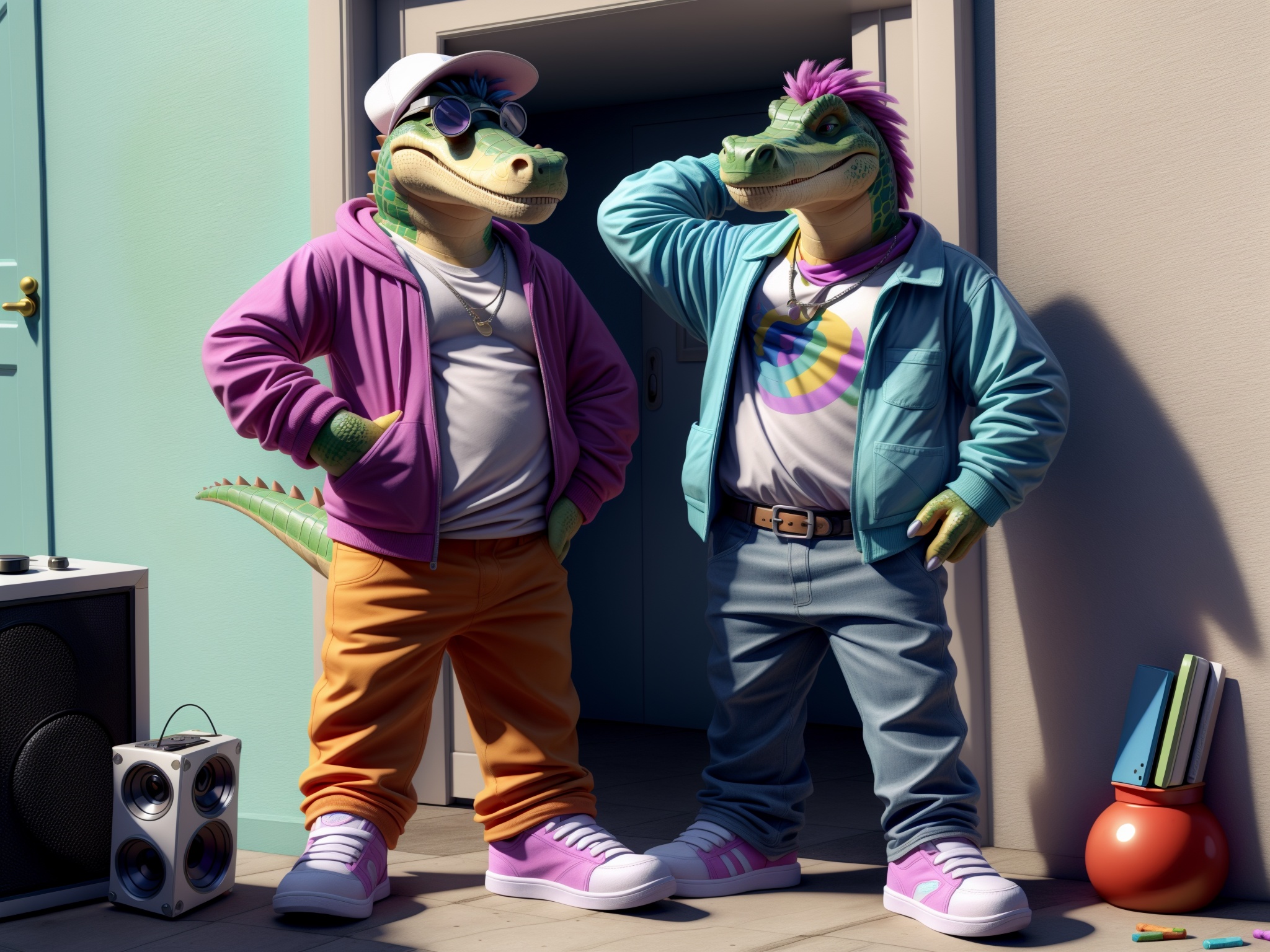thumpasaurus and the abstigator,  the hip-hop (velociraptor) and too-cool alligator,  (boombox) on Tensor.Art