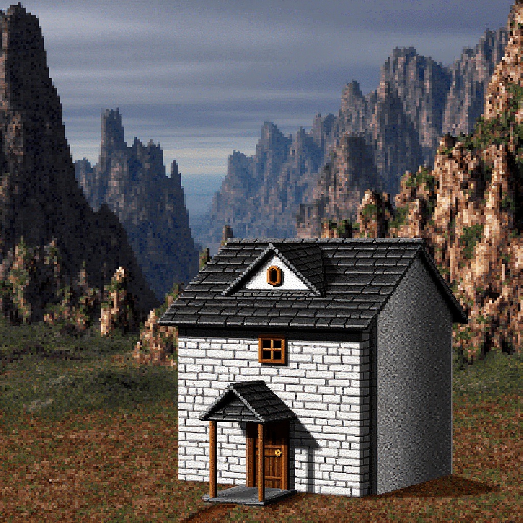 Original HoMM2 style wizard town Captain's Quarters. The cabin is a small,  simple white brick two story house with black...