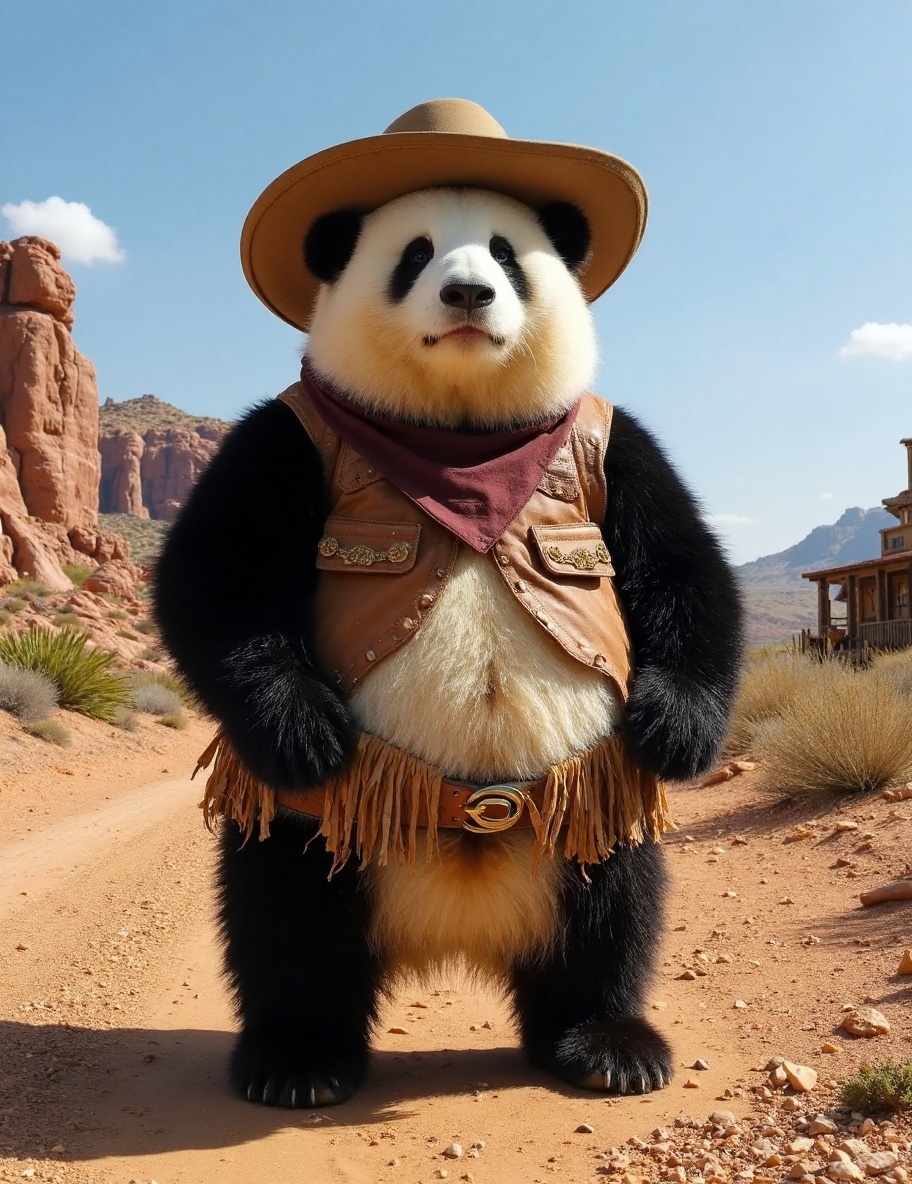 The image is a high-resolution photograph of a charming panda named Huahua,  depicted standing in a rugged,  dusty landsca...