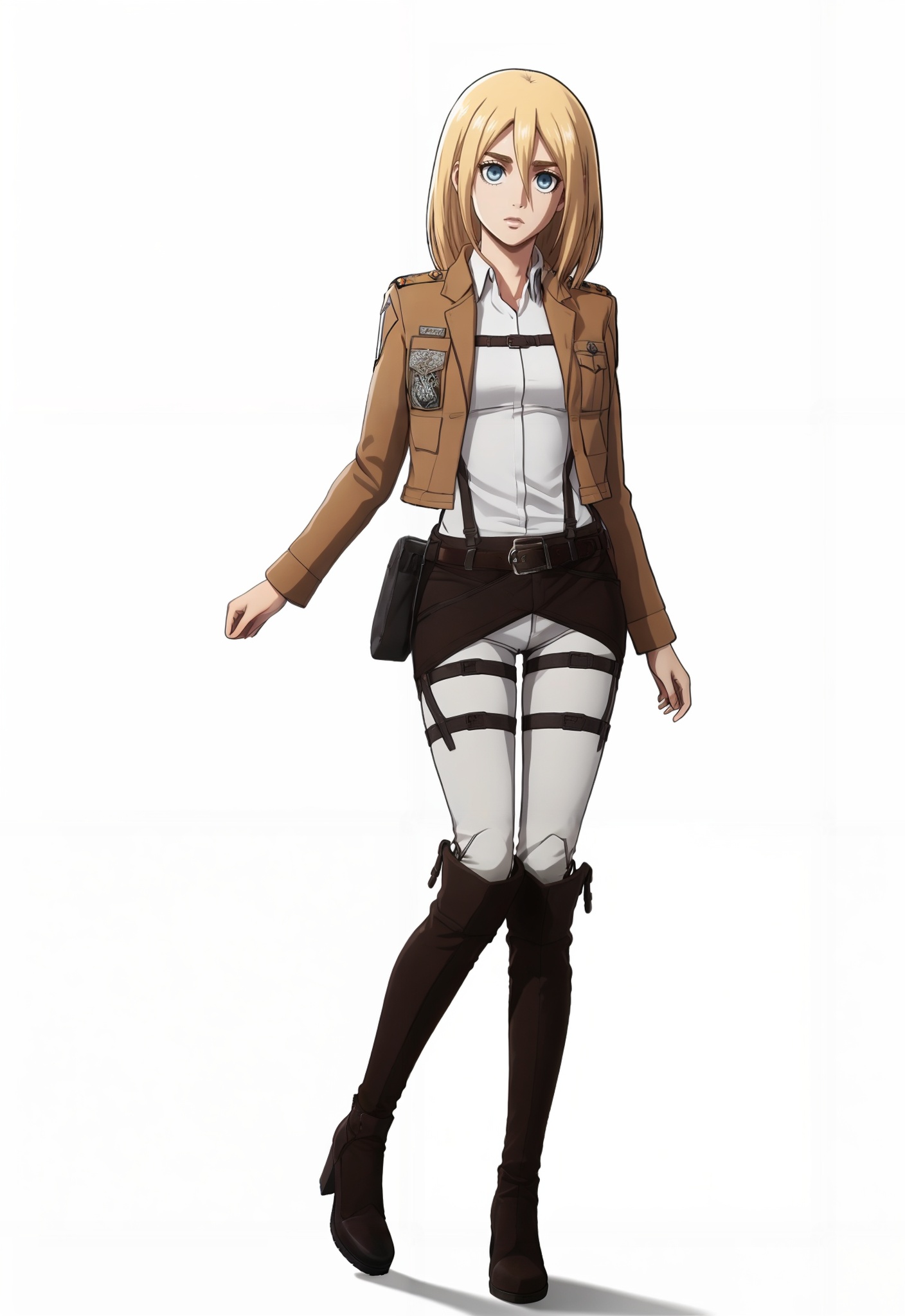 golden hour,highly detailed,ultra-high resolution,32K UHD,sharp focus,best-quality,masterpiece,Emotionalization,with a high-end texture,incredibly absurdres,Cinematic Lighting,<lora:王女-000032:0.6>,wangnv,1girl,blonde hair,solo,paradis military uniform,boots,krista lenz,jacket,full body,knee boots,blue eyes,pants,belt,thigh strap,transparent background,uniform,emblem,standing,looking at viewer,white background,simple background,light pink lipstick,