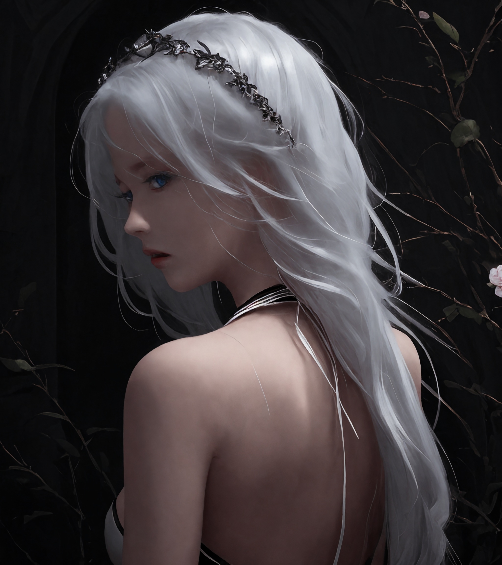 1 girl, upper body, adorable girl, queen, white hair, blue eyes, medium breasts, bare shoulders, flowers, shine, focus on face, looking back,  long hair,  garreg mach monastery uniform, gothic, bare shoulders, dramatic angle, <lora:HouTu:0.6>