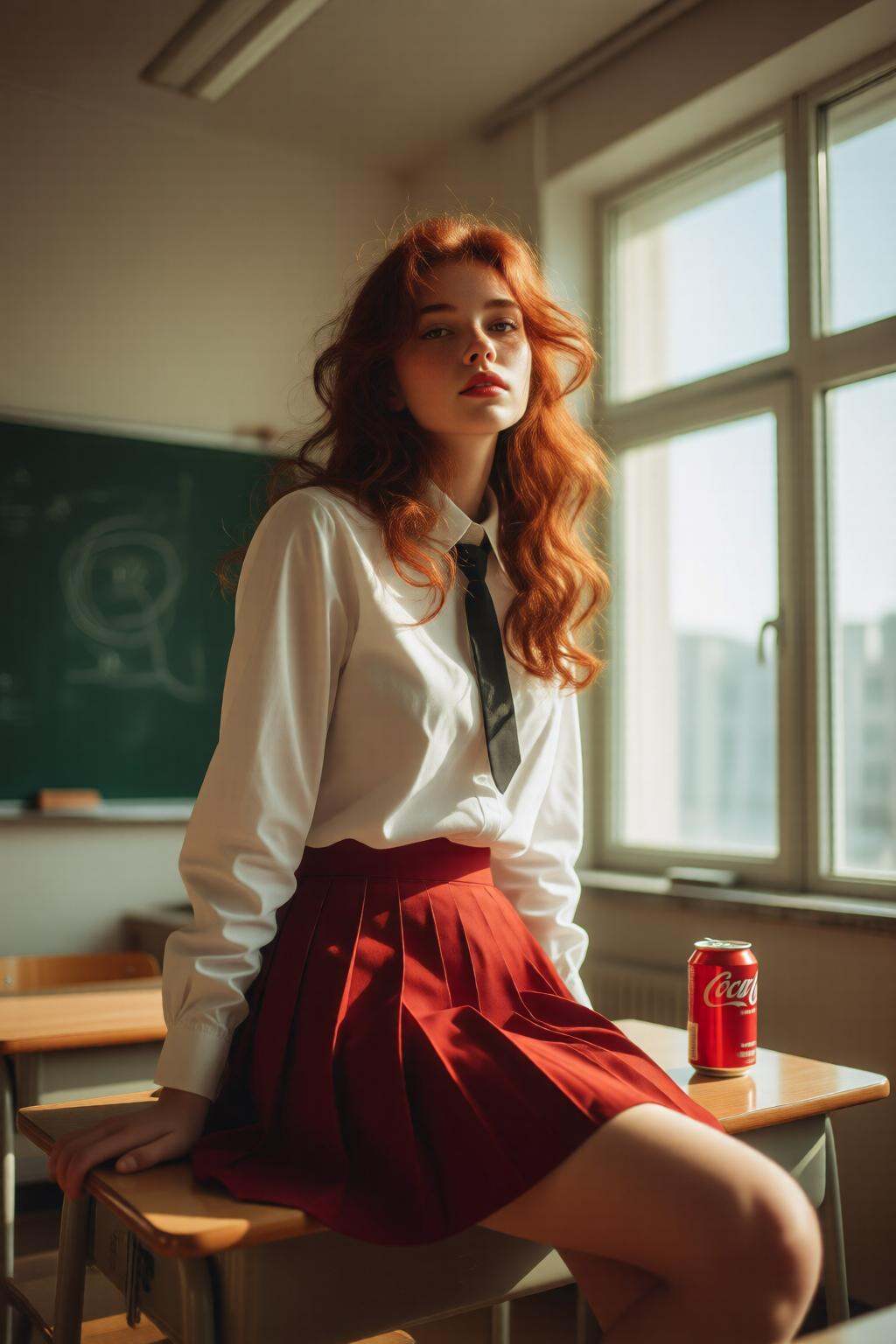 midjourneylowangle11q Low angle shot. A young woman with long,  wavy red hair,  wearing a white blouse with a black tie an...
