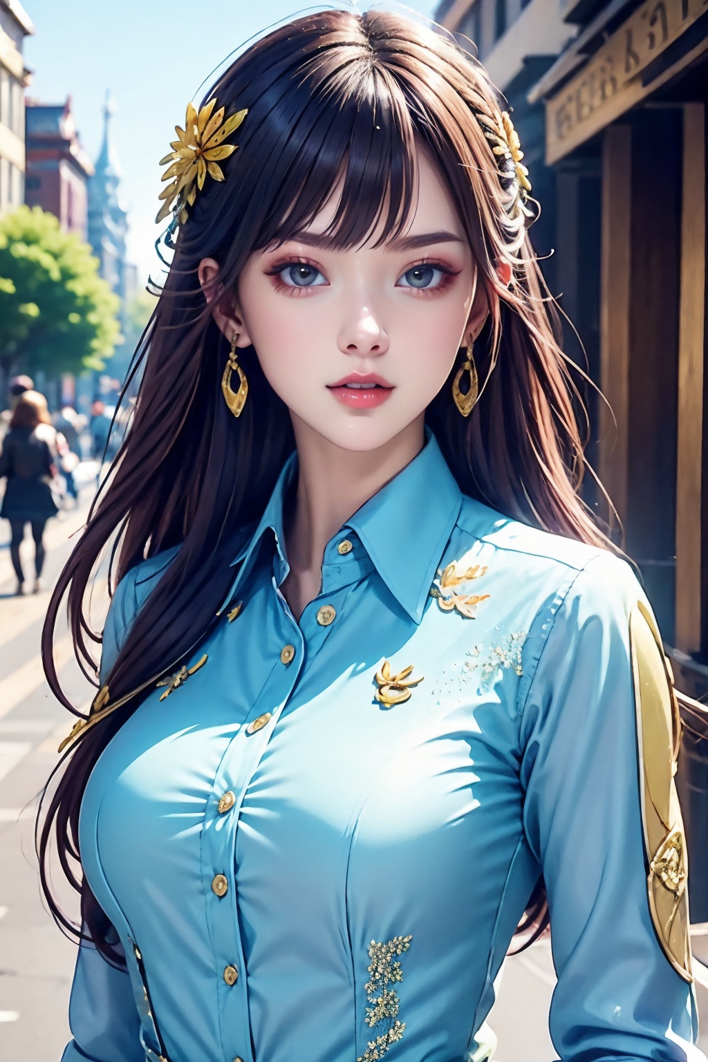 1girl,upper body,blue collared shirt,