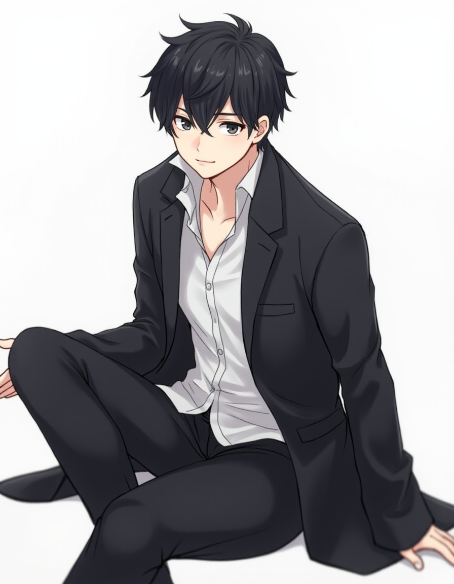 CNPYangYe,1boy,1boy, solo, male focus, black hair, jacket, pants, shirt, white shirt, black pants, black jacket, sitting, realistic, open jacket, looking at viewer, black eyes<lora:FLUX.中国绣像画CNPYangYe:1.1>