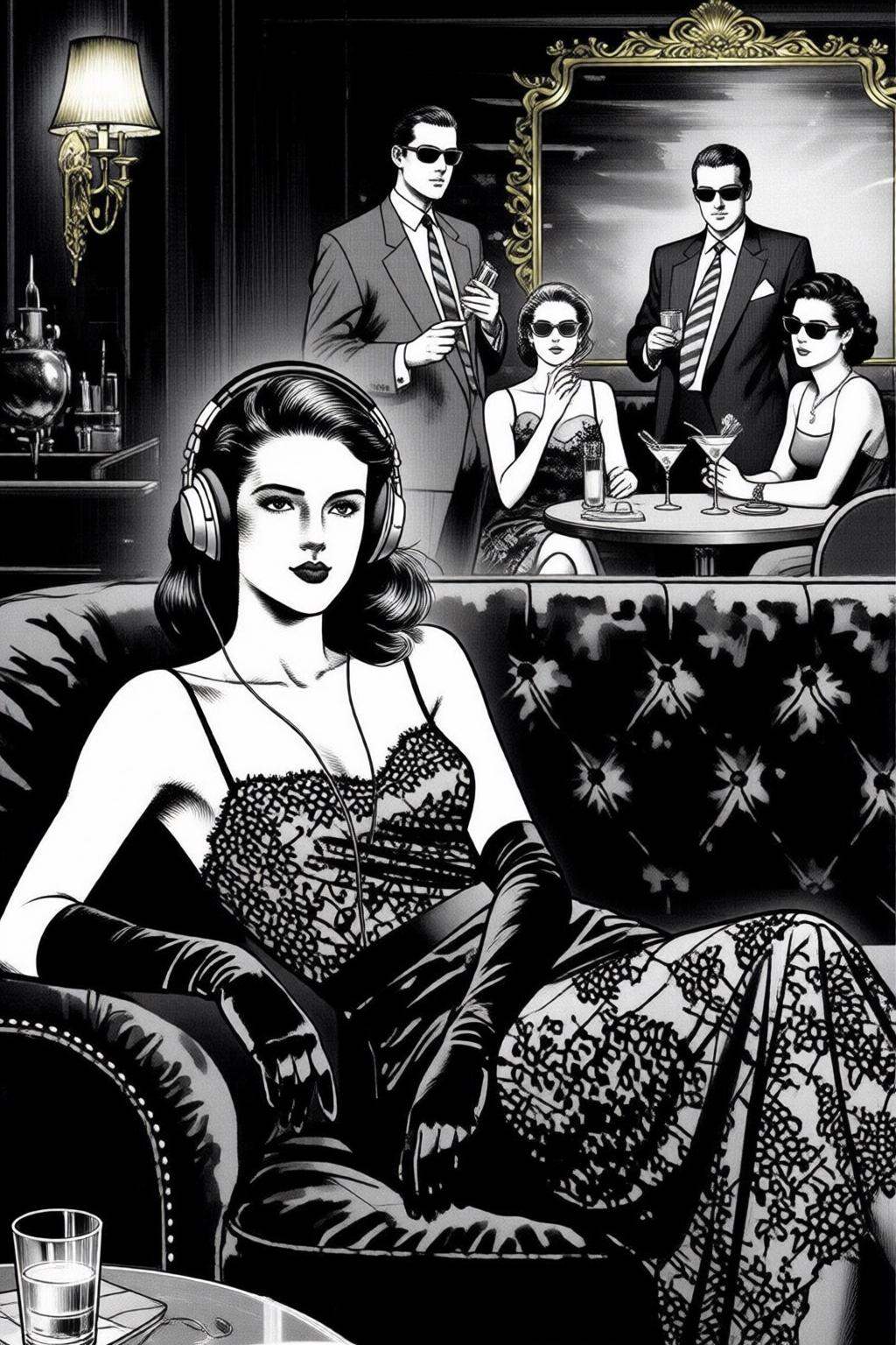 ryoichiikegami2q illustration. Black and white drawing.A luxurious,  dimly lit lounge set in 1970s Italy,  exuding vintage...