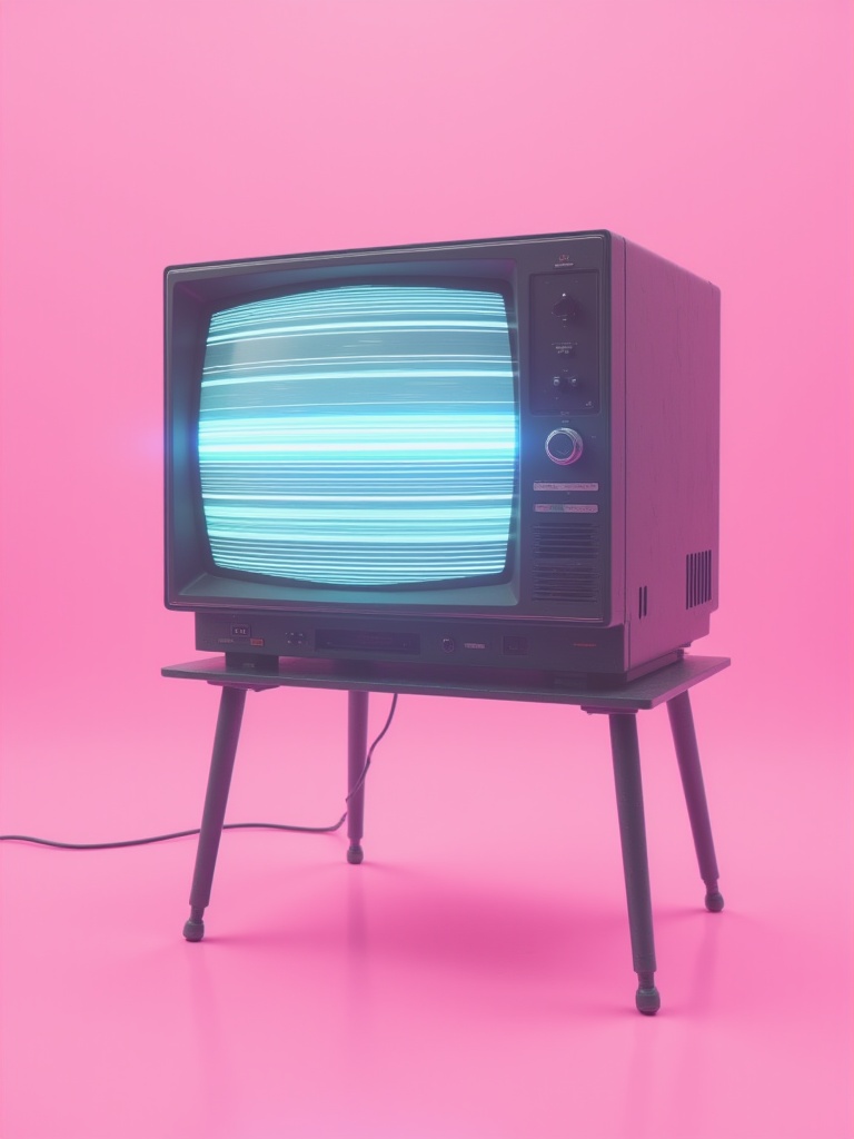A glitched retro analog TV sits on a stand all by itself. The screen flickers with scan lines as the screen glitches betwe...