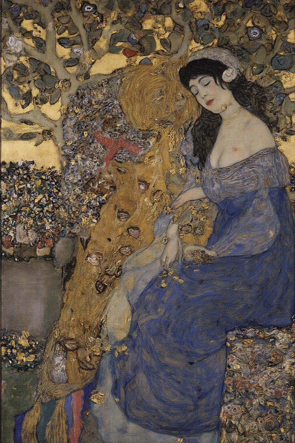 kl1mt painting. A blonde knight and a lady sitting under a tree. The lady has dark hair and is wearing a blue dress. The k...