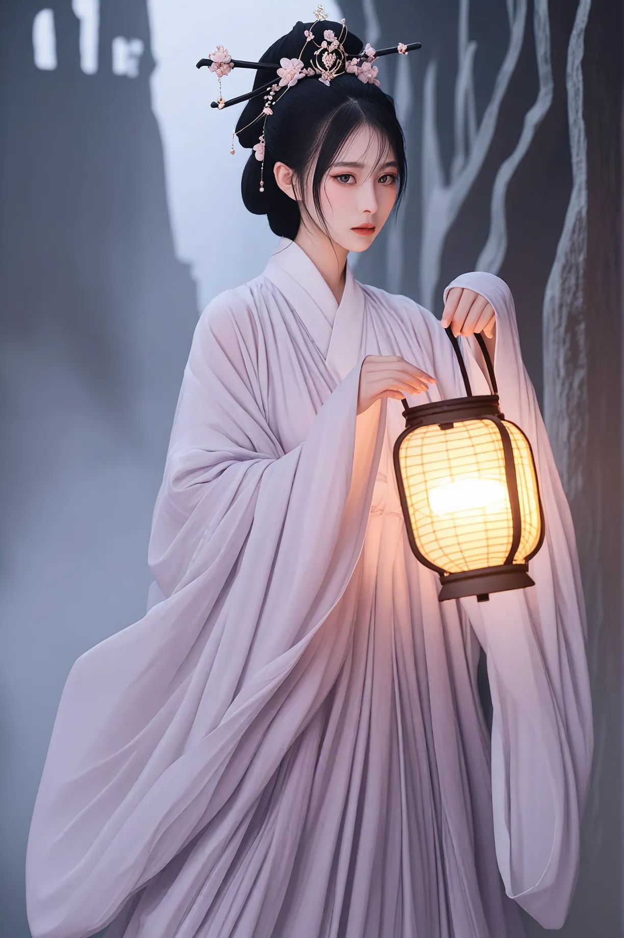 score_9,score_8_up,score_7_up,score_6_up,score_5_up,score_4_up,hanfu,wide sleeves,long sleeves,sleeves past fingers,see-through,hair stick,hair ornament,The abandoned temple filled with a damp and ancient atmosphere,several ancient lamps emitted a faint light,wearing a broken and dirty pink Hanfu girl holding a small lamp in one hand,and slashing with a sword in the other hand,the blade of the sword braved a white purple flame in the middle of the arc,cutting the ghost\'s ethereal form,the lamp oscillated mysterious ripples,blocking the ghost\'s attack. The wounded ghost screams in horror,and the scene is full of eerie and terrifying effects,but also has a beautiful and mysterious feel,