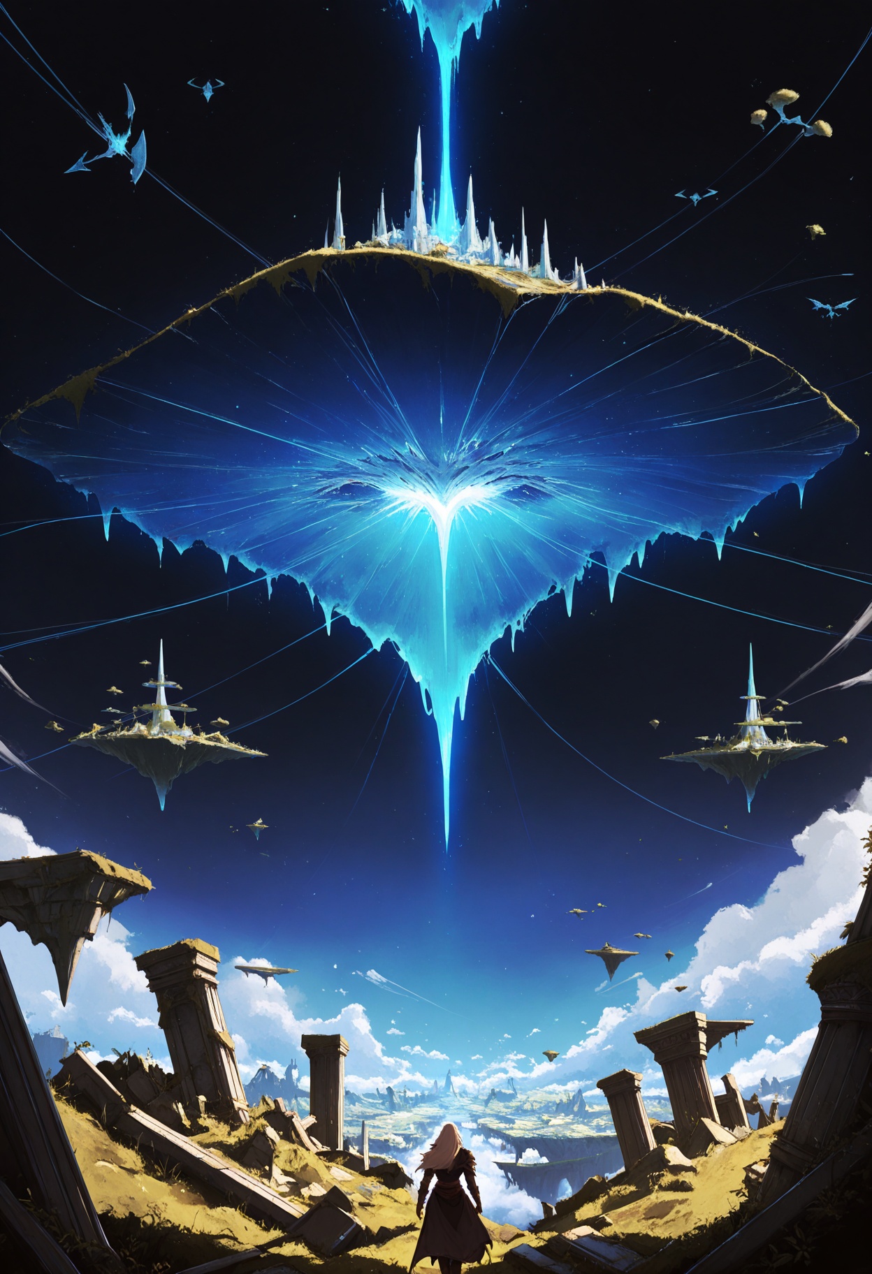 A breathtaking fantasy landscape,  a vast valley with glowing rivers,  floating islands in the sky on Tensor.Art