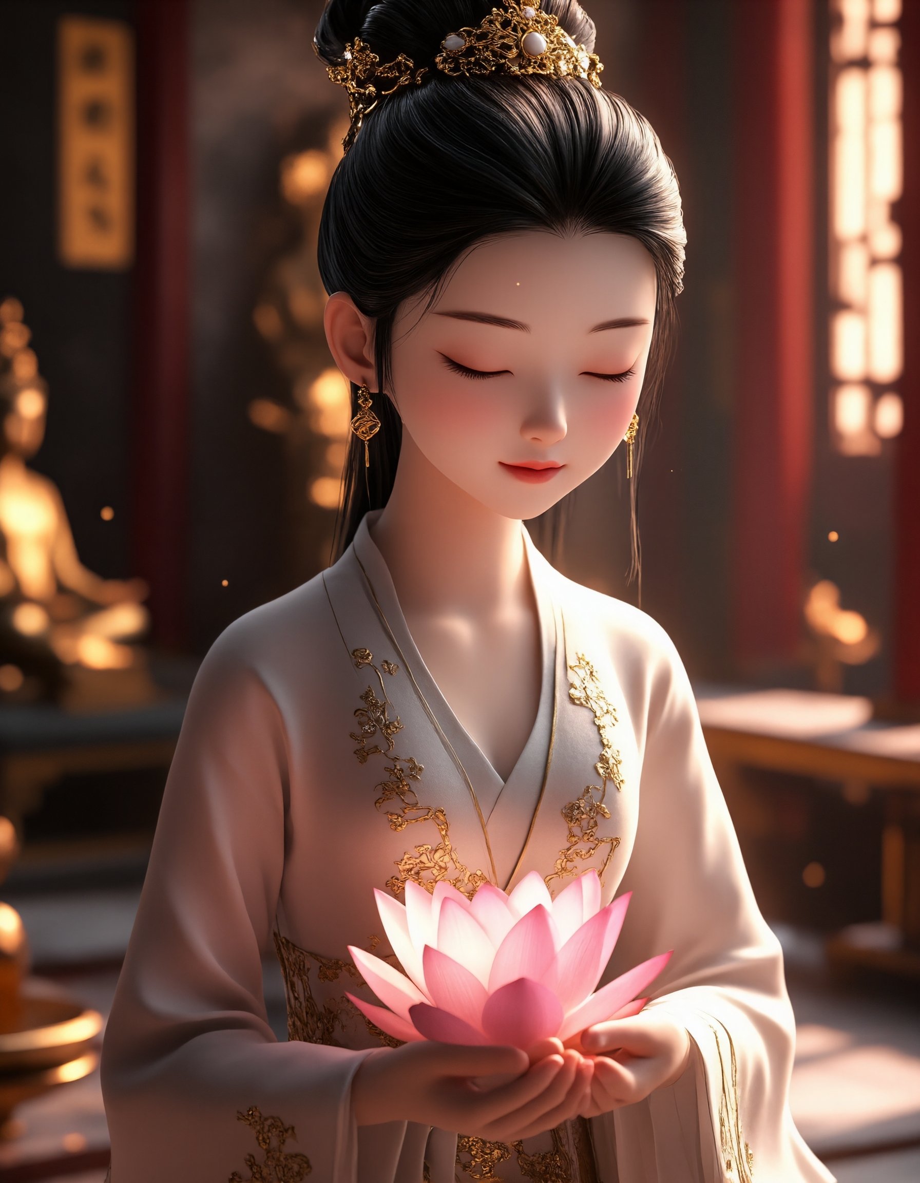 "A serene and elegant 3D anime-style young woman of Chinese heritage,  depicted in an ancient-inspired setting. Her delica...