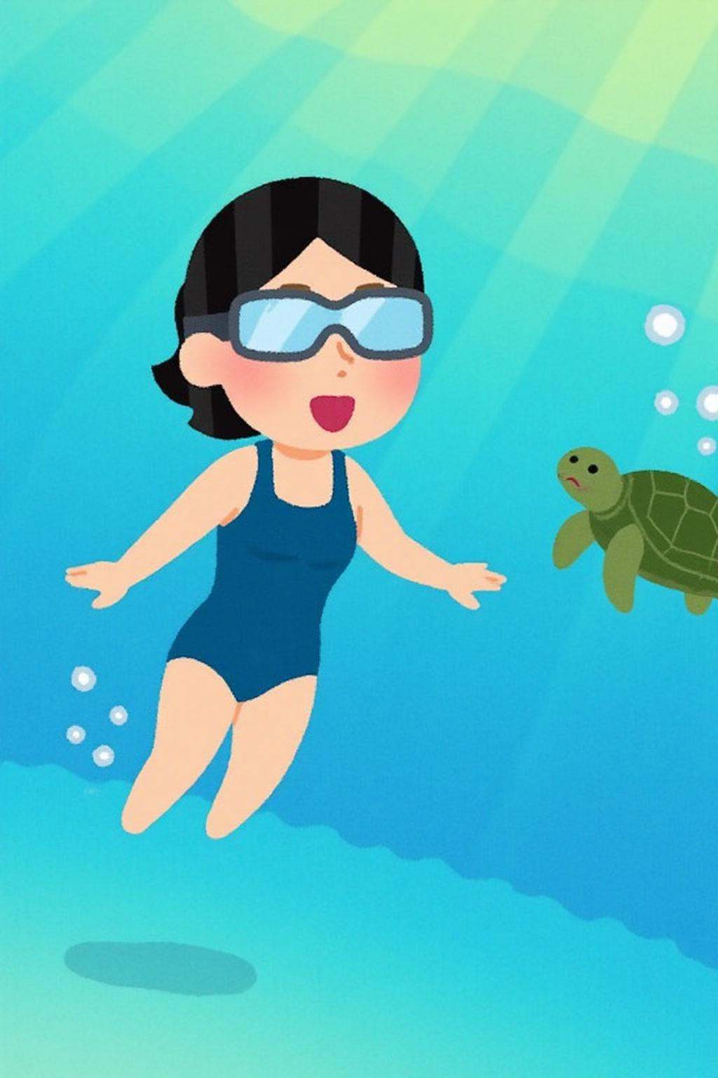 irasutoya1 illustration.a woman swimming underwater. The woman is wearing a blue one piece swimsuit,  and she is wearing g...