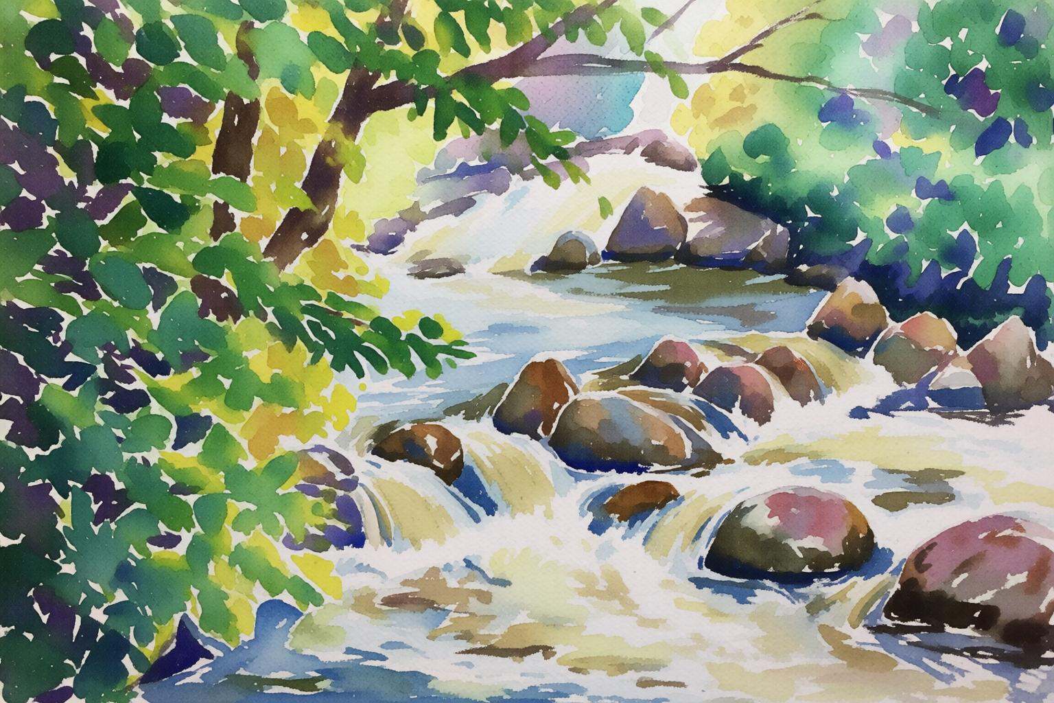 watercolorbasic2q watercolor painting.A stream flowing through a forest. There are rocks of various sizes in the stream. o...