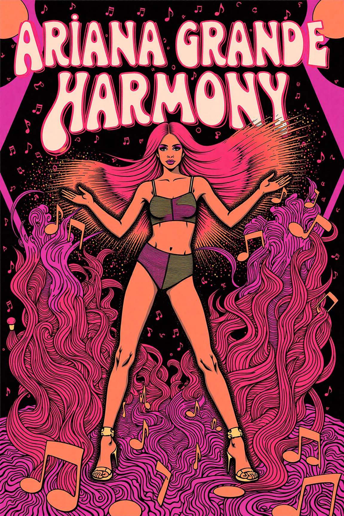 psypop,  70s psychedelic style poster of a "Ariana Grande Harmony" psychedelic 1970s pop art poster,  vibrant Ariana perfo...