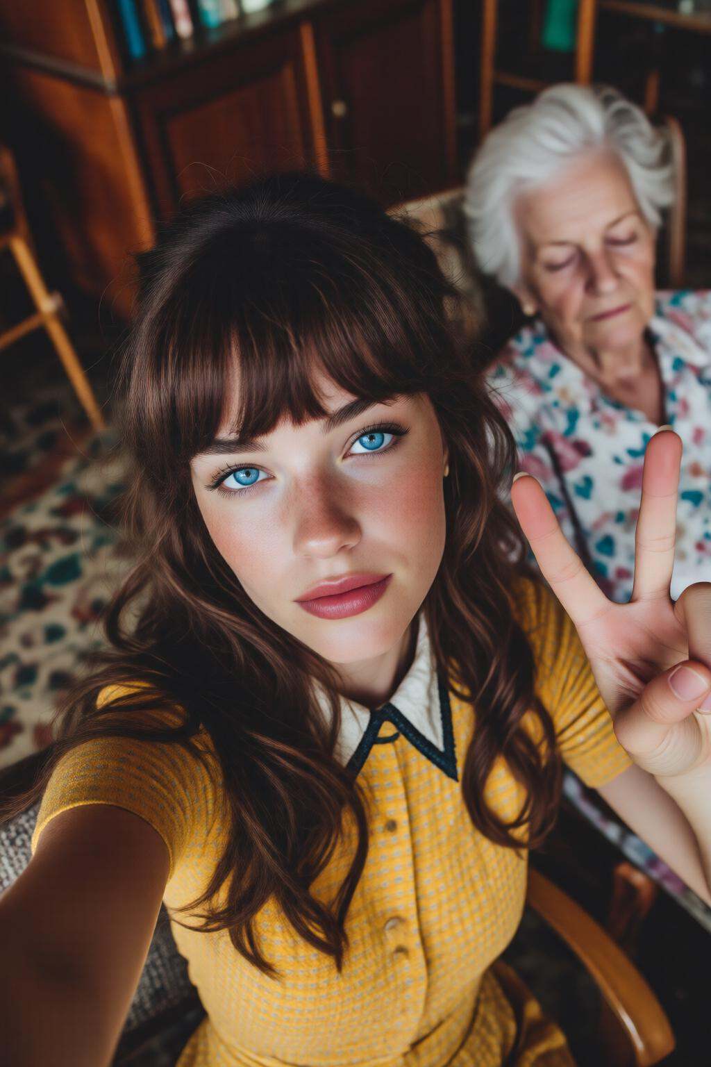 midjourneyhighangle13q High angle view.Close-up selfie of a young woman with blue eyes,  in a cozy indoor setting. She is...
