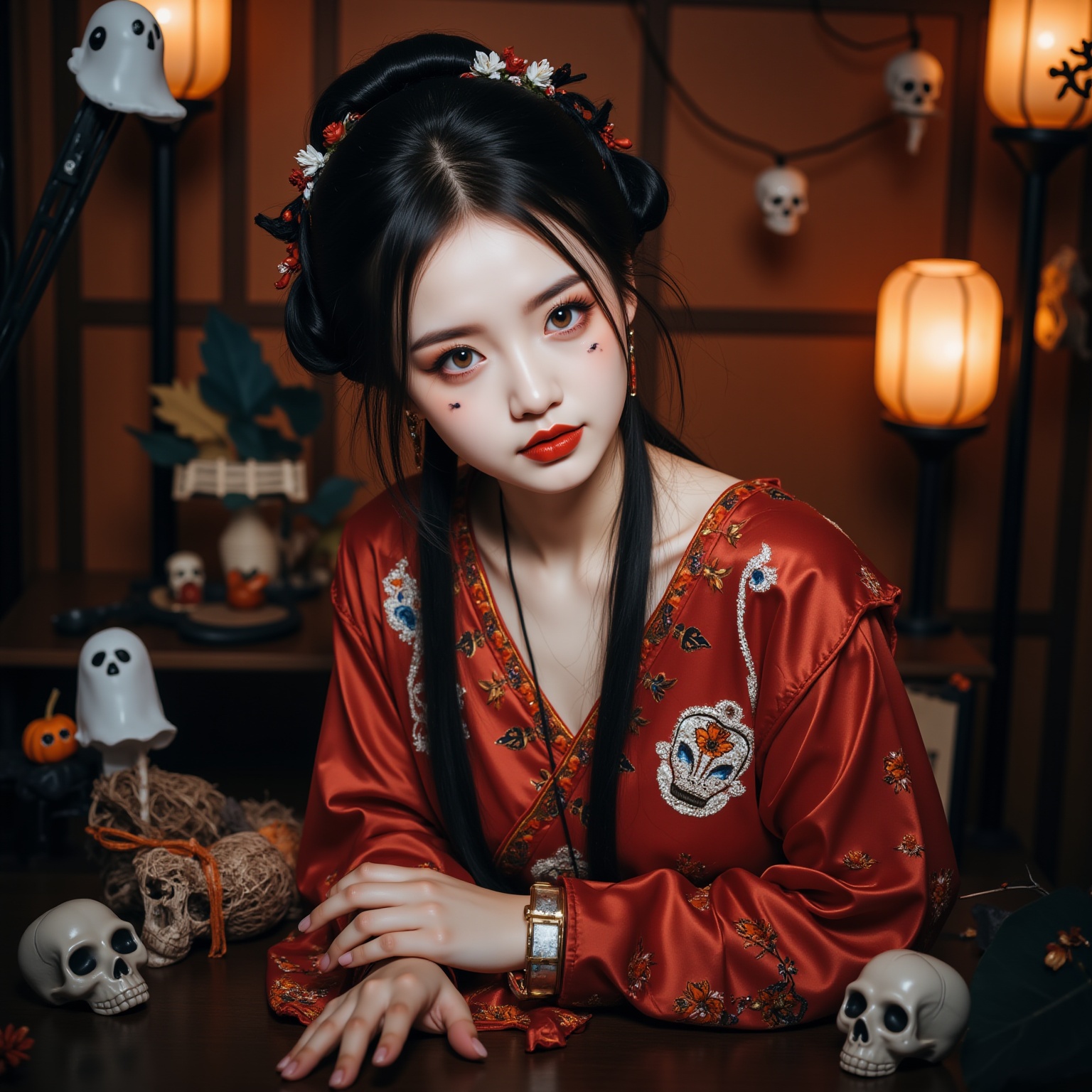 This is a high-resolution photograph featuring a young East Asian woman in traditional Chinese attire,Qing dynasty-inspired outfit.  Her complexion is fair,with delicate,smooth skin and a slight blush on her cheeks. Her eyes are almond-shaped and accentuated with dramatic,dark eyeliner and mascara,while her lips are painted a vivid red,matching her outfit.,Surrounding elements such as skulls, ghosts. add a lively atmosphere.  The pumpkin lanterns and other decorations in the background create a warm and mysterious atmosphere, echoing the clothing and adding fun. The portrayal of female characters is vivid, with costumes and movements full of festive joy and anticipation. The picture is full of vitality, surrounded by many dreamy lights and warm and cold tones, making people yearn for Halloween.