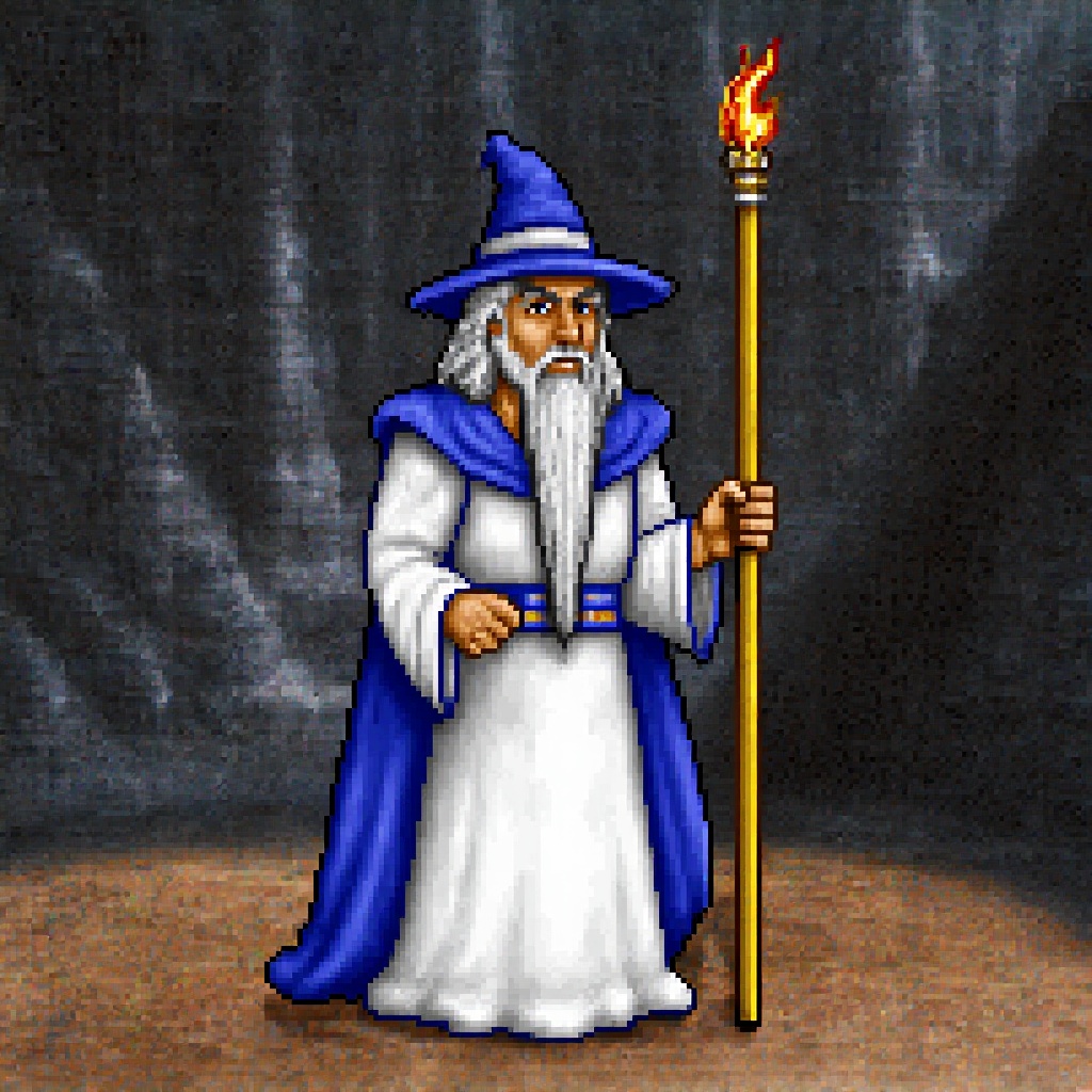 Original HoMM2 style full-height character figure of a wizard faction town captain. He stands on wizard faction background...
