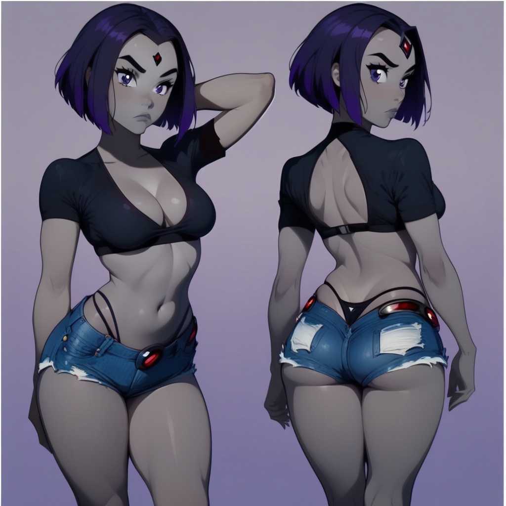 black sneakers,  Short Purple A line Bob with undercut Hair style,  Red Chakra Gem on forehead on Tensor.Art