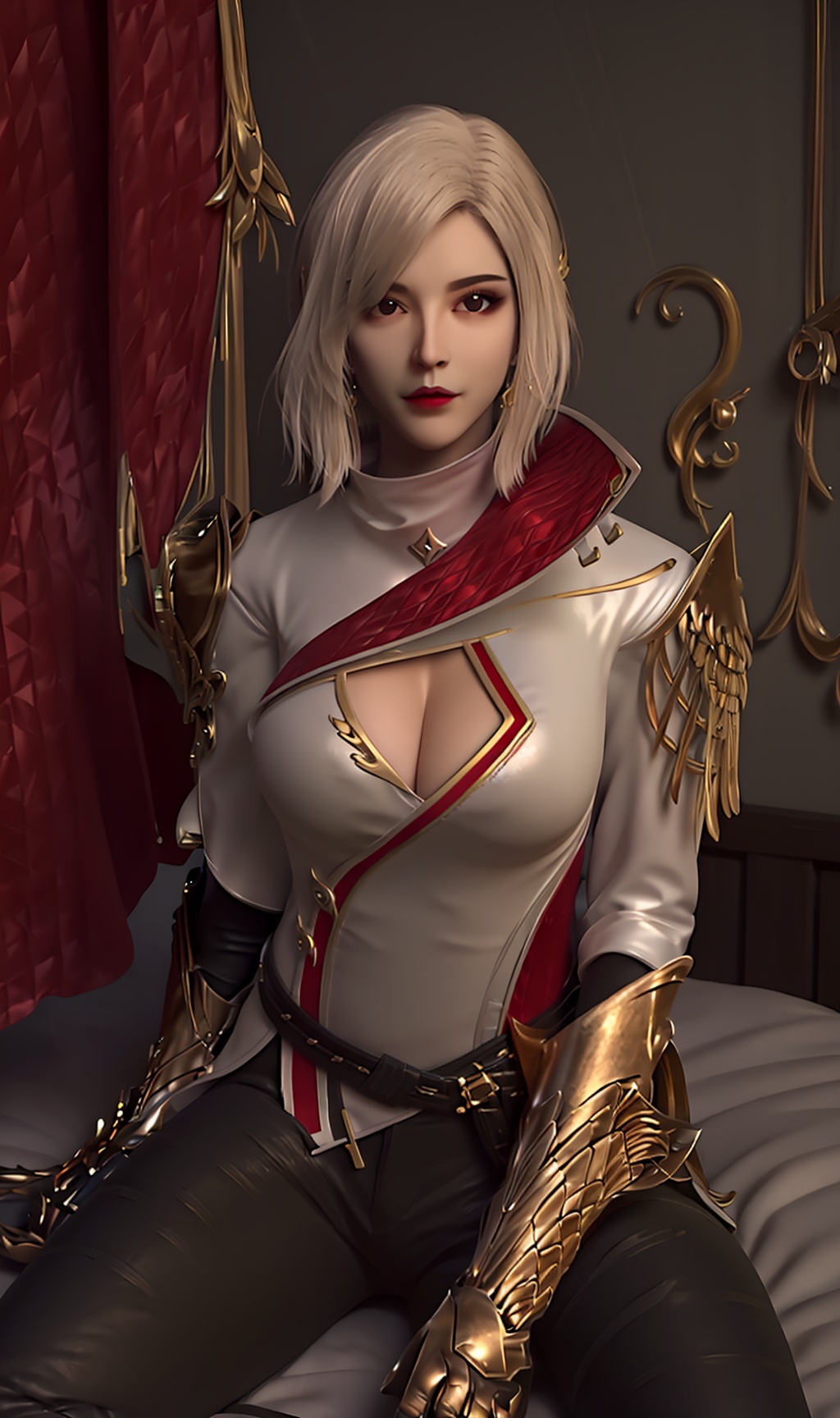 3D,masterpiece,(best quality),(makeup),official art, extremely detailed cg 8k wallpaper,((crystalstexture skin)), (extremely delicate and beautiful),(highly detailed),(face),(collar),(gold_trim),(1girl), (solo), (jewelry), (earrings),(hair),(short_hair),(hair_ornament),(handwear),(breasts),(cleavage),((sitting)),((upper_body)),(closed_mouth),((black_pants)),(multicolored_clothes),(multicolored_dress),(shiny_clothes),(city,outdoor,bed),(long_legs),(gauntlets),(armor),(shoulder_armor),tight_pants,,((looking_at_viewer)),((Facing the camera)),, <lora:hipoly3DModelLora_v10:0.3>