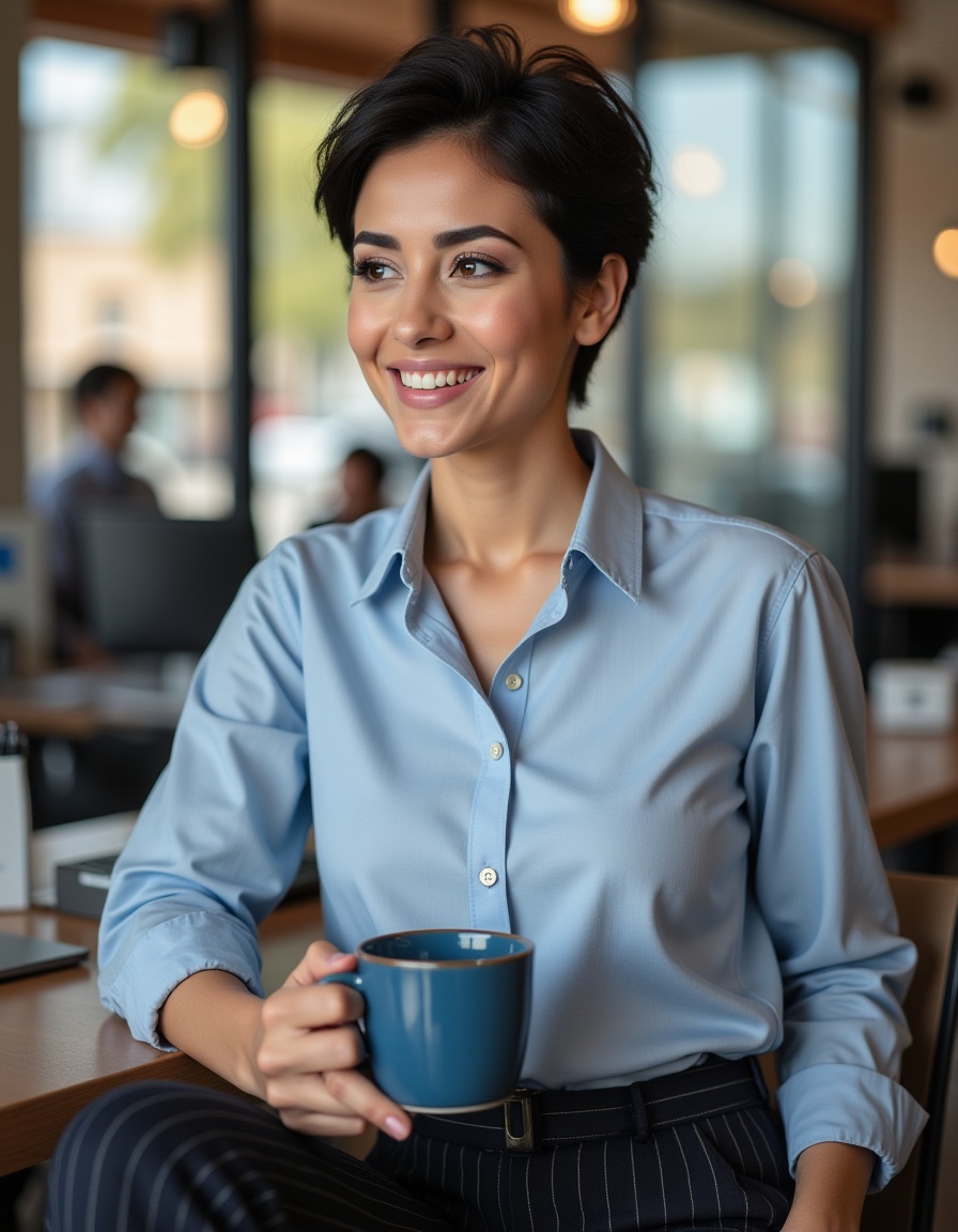 A modern office scene featuring a woman with short black hair,  dressed in a light blue button-down shirt and dark pinstri...