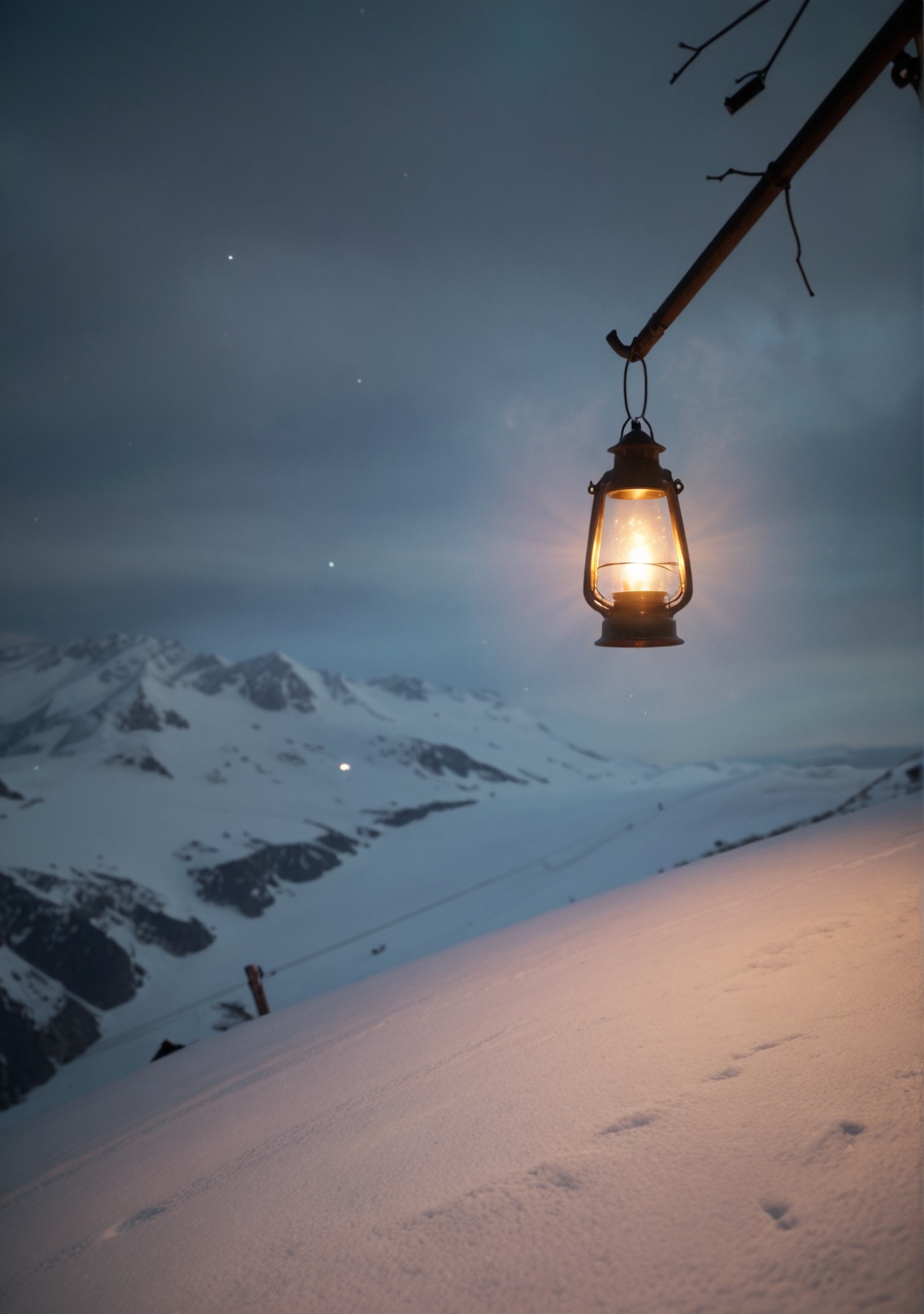 A glowing lantern hanging alone on a snowy mountain peak,  painting soft circles of light on the untouched snow,  distant...