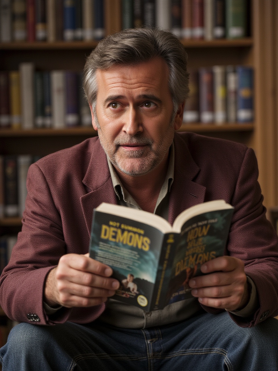 8ruc3c4mp83ll A middle aged man sitting in a small town library,  dressed in iconic gear,  looking confused while reading...