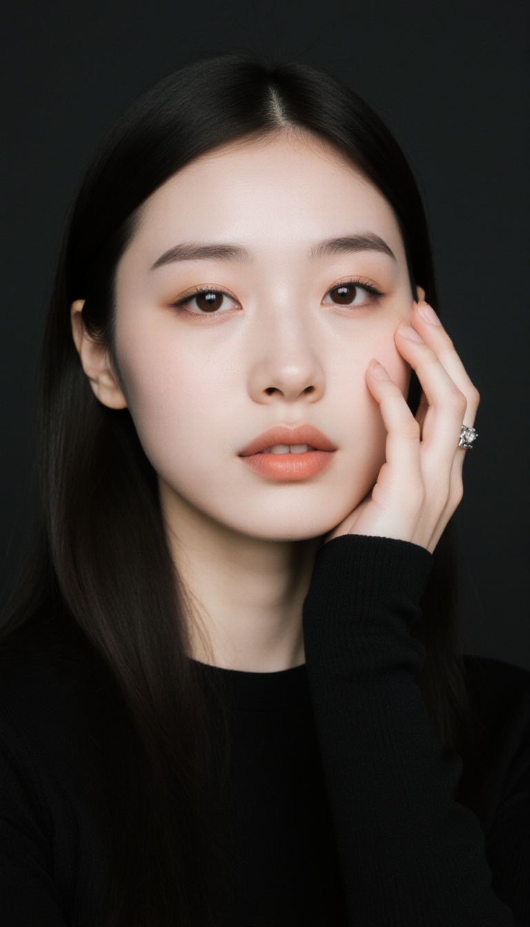 A photograph of a young woman with fair skin and long,  straight dark hair,  styled in a simple on Tensor.Art
