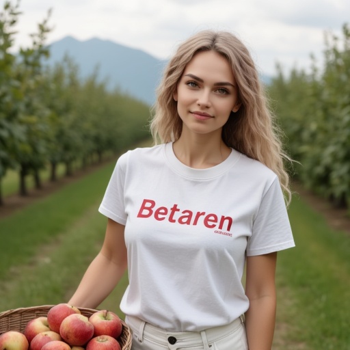 A woman in her 30s stands in front of an apple orchard. She is wearing a white T-shirt with the text Betaren and short whi...