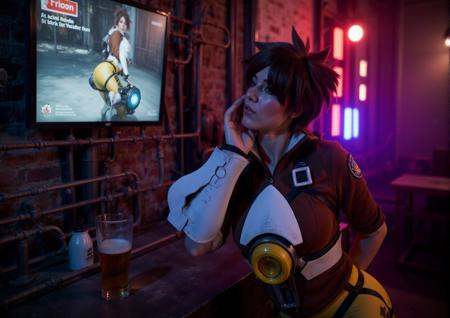 Tracer is a woman having a beer in a cyberpunk pub,  neon lights on Tensor.Art