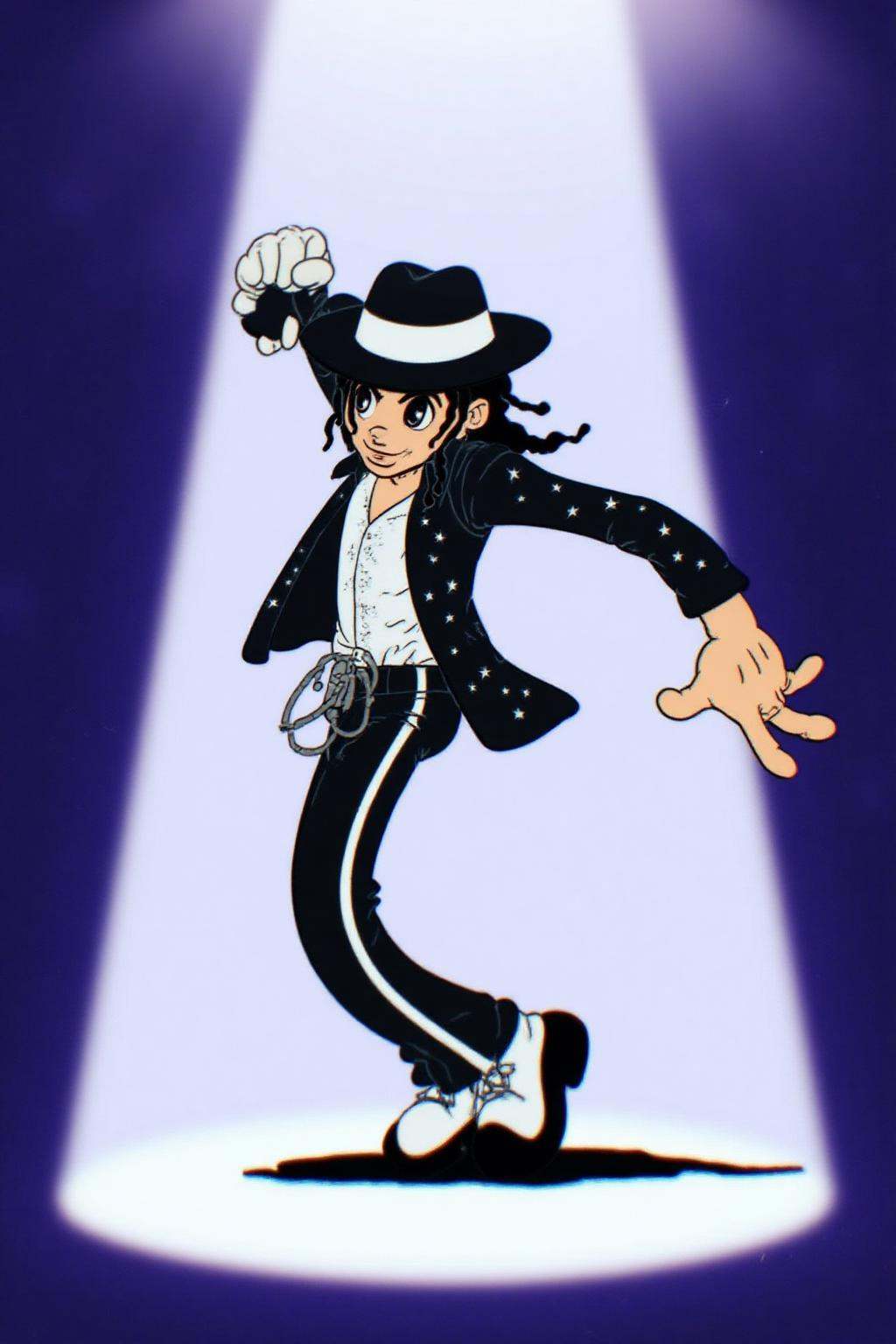 rubber hose animation style.Michael Jackson is mid-dance under a spotlight,  wearing a black fedora,  black jacket with wh...
