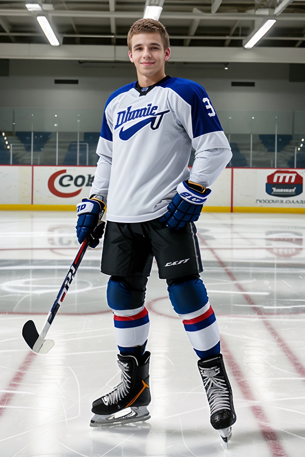 hockey rink,  standing,  DaneDekota wearing hockey shoulder pads on Tensor.Art
