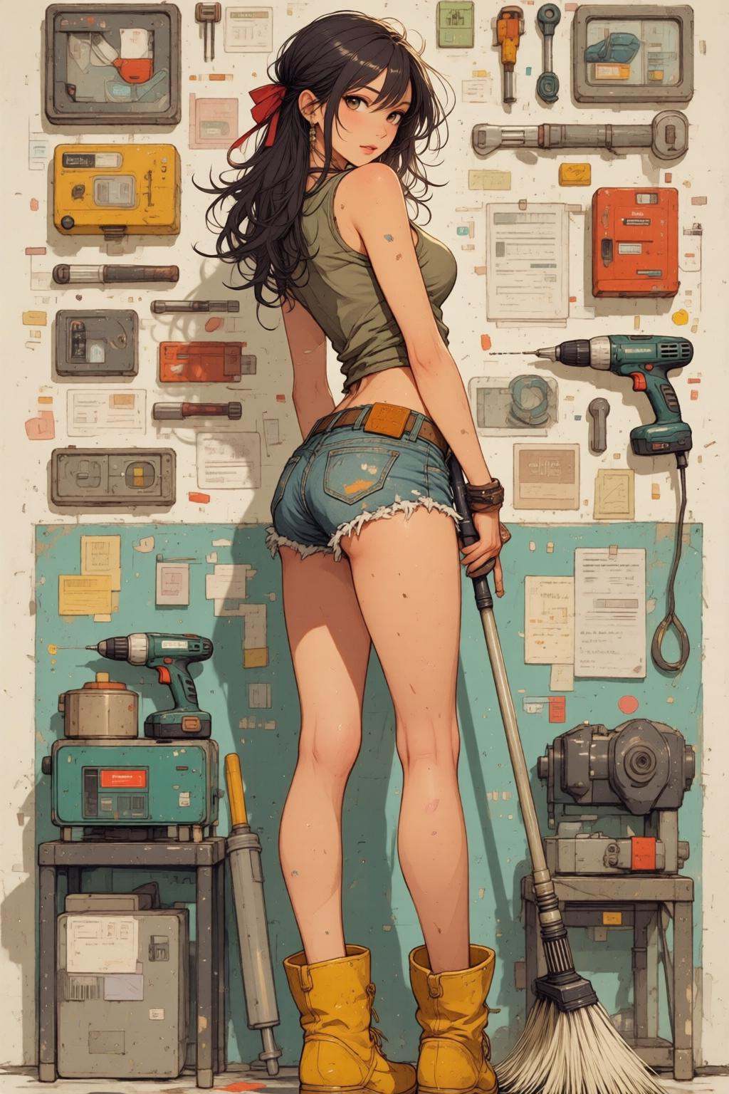 nijimix6q anime style illustration. A young woman is standing with her back to the viewer,  in a cluttered workshop or gar...