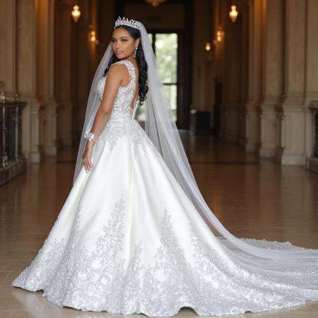 photograph of the beautiful bride Toya in an elegant white wedding dress with intricate silver embroidery and lace,  weari...