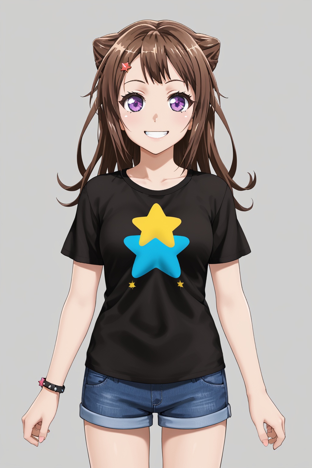 kasumi, 1girl, solo, looking at viewer, smile, brown hair, shirt, purple eyes, hair bun, star \(symbol\), cone hair bun<lora:kasumi-pony:0.8>