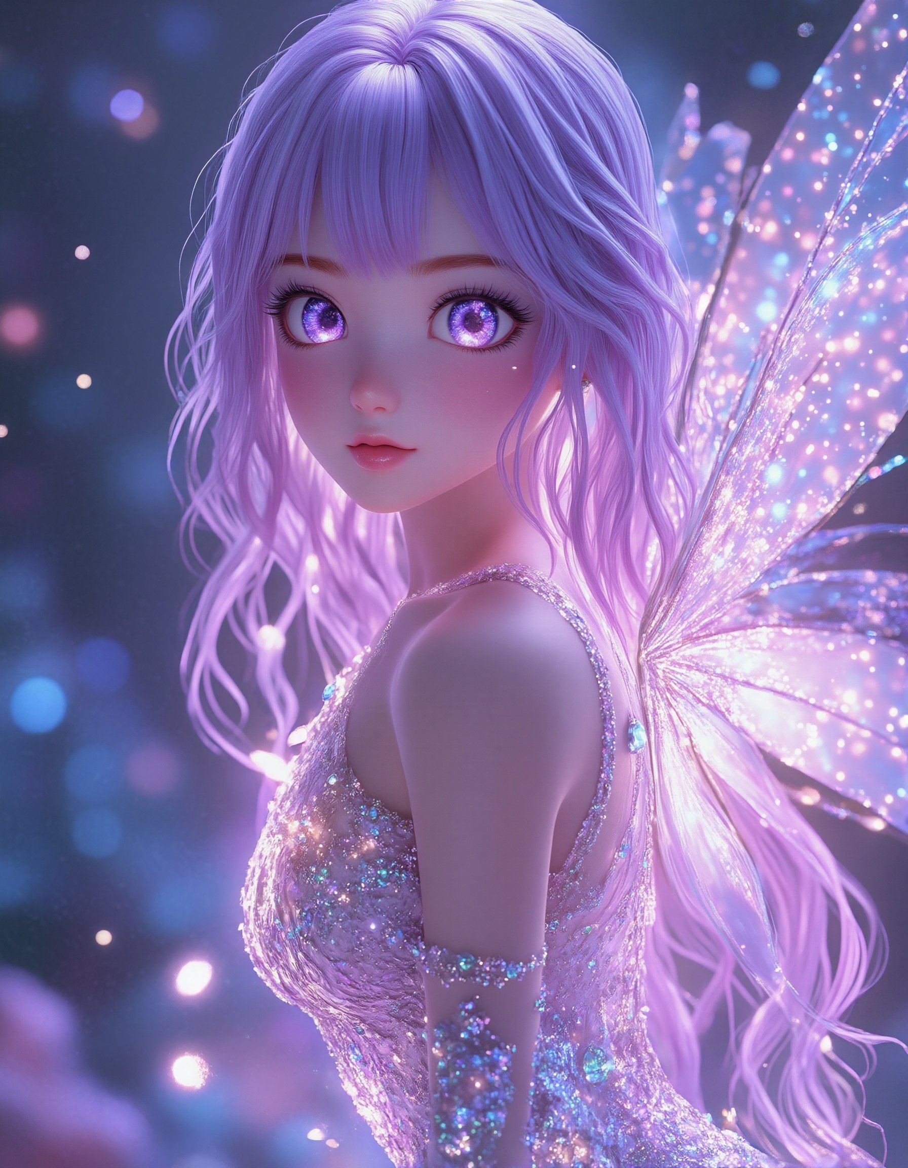 3D anime style,  a breathtaking celestial fairy with flowing iridescent hair that shines in soft pastel hues of purple and...