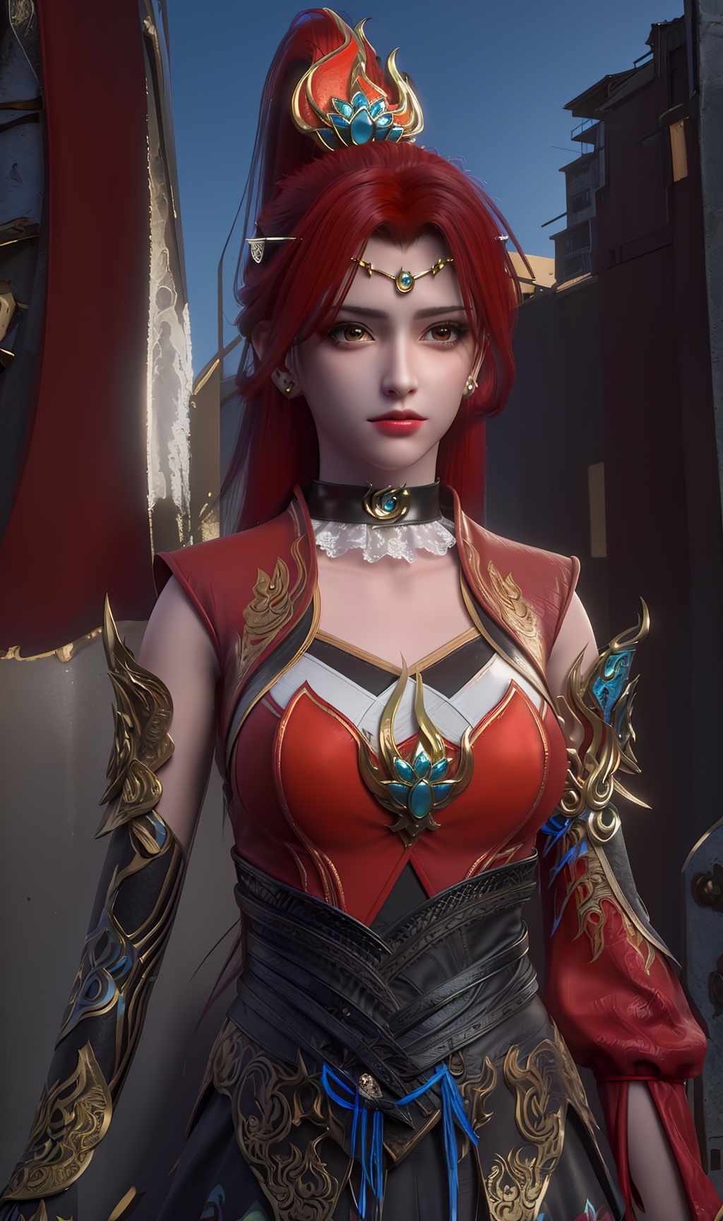3D,masterpiece,(best quality),(makeup),official art, extremely detailed cg 8k wallpaper,((crystalstexture skin)), (extremely delicate and beautiful),(highly detailed),(face),(collar),(armor),(tiara),(ponytail),(1girl), (solo), (jewelry), (earrings),(tangerine_hair),(long_hair),(hair_ornament),(handwear),(breasts),(standing),((upper_body)),(bandage),(dress),(shiny_clothes),(city,outdoor),(belt),(wrist_cuffs),(multicolored_clothes),(multicolored_dress),,((looking_at_viewer)),((Facing the camera)),, <lora:hipoly3DModelLora_v10:0.3>