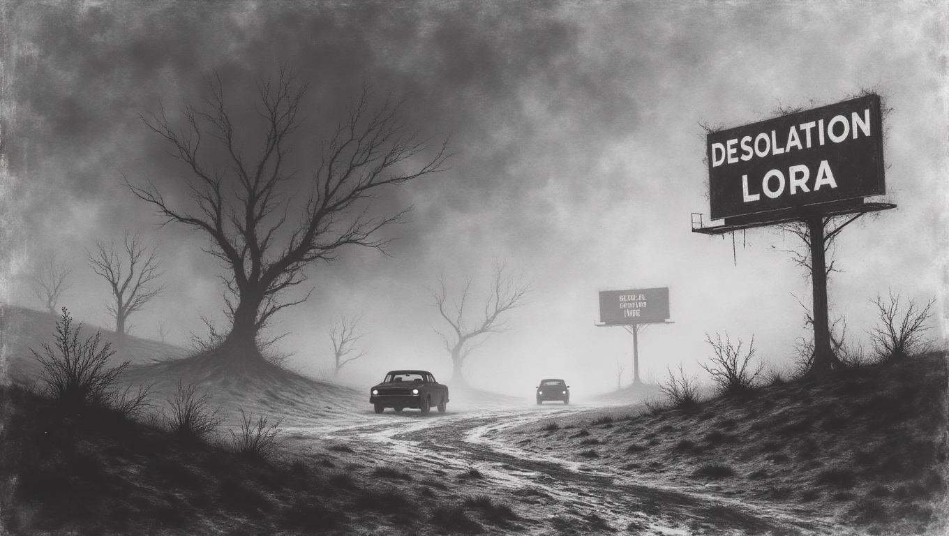 A desolate wasteland stretches to the horizon,  littered with rusted drones and cars on the road and malfunctioning billbo...
