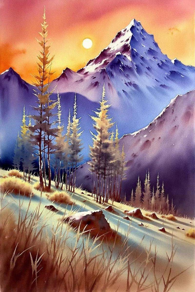 This watercolor painting: depicts a majestic scene of Mount Everest at sunset,  using the watercolor style of Thomas Schal...