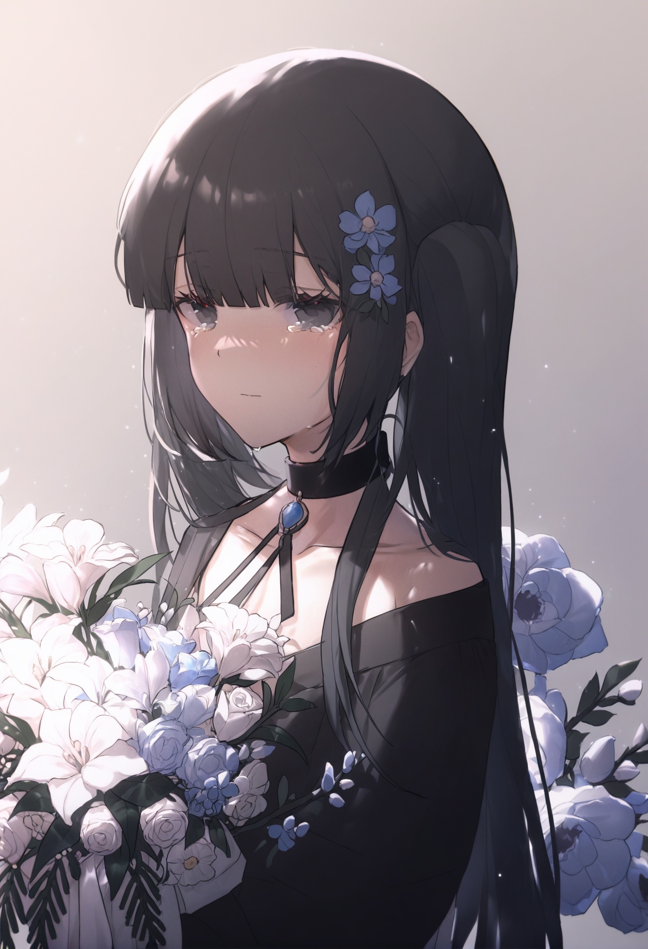 masterpiece,best quality, score_9,score_8,score_7_up,score_6_up,1girl, solo, flower, choker, long hair, holding, black eyes, twintails, black choker, upper body, blue flower, looking at viewer, closed mouth, blunt bangs, bouquet, blush, collarbone, tears, simple background, shirt <lora:konyakarasueXLlokr4f-000140:0.95>